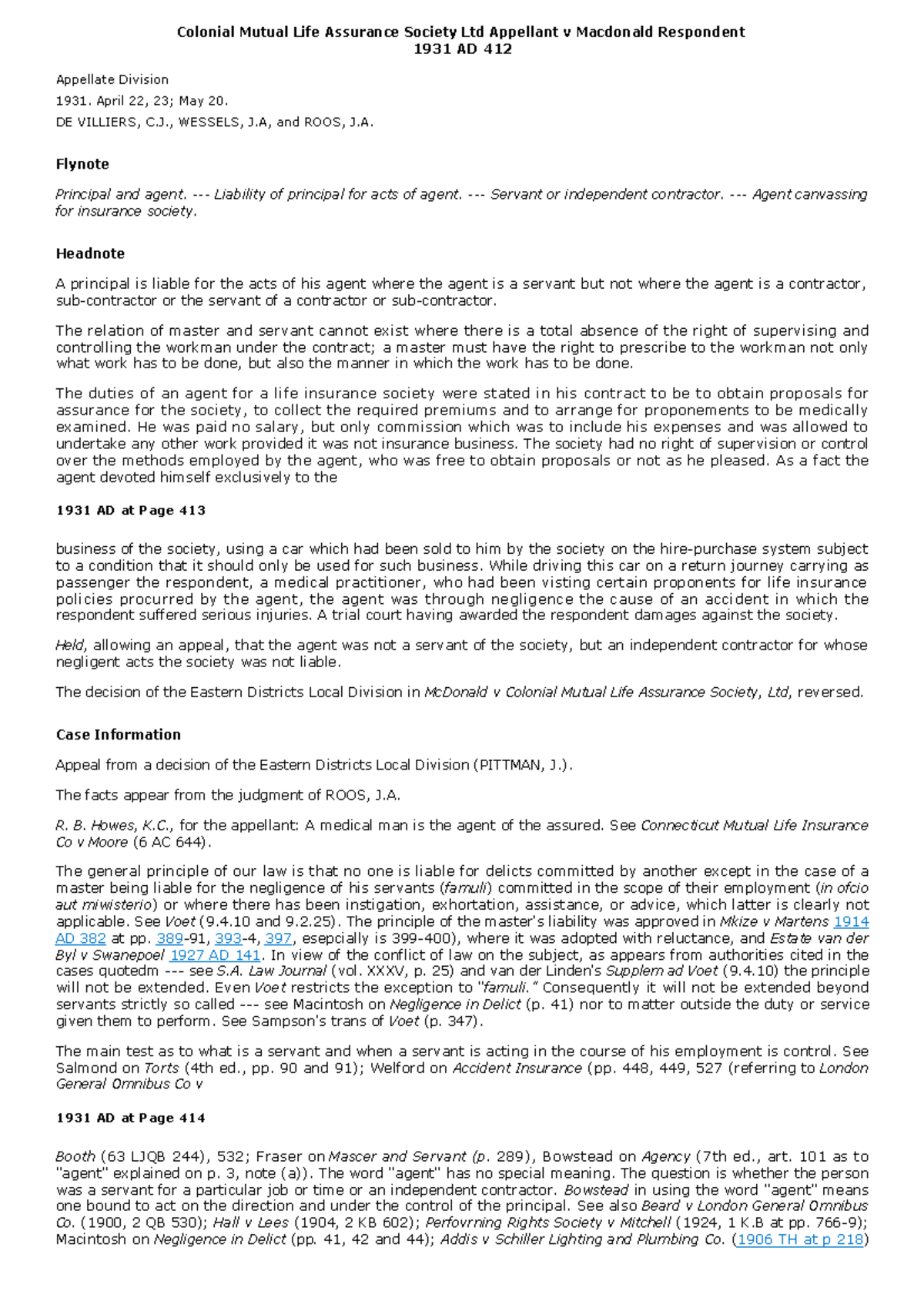 Colonial Mutual Life Assurance Society V Macdonald 1931 Ad 412 Case