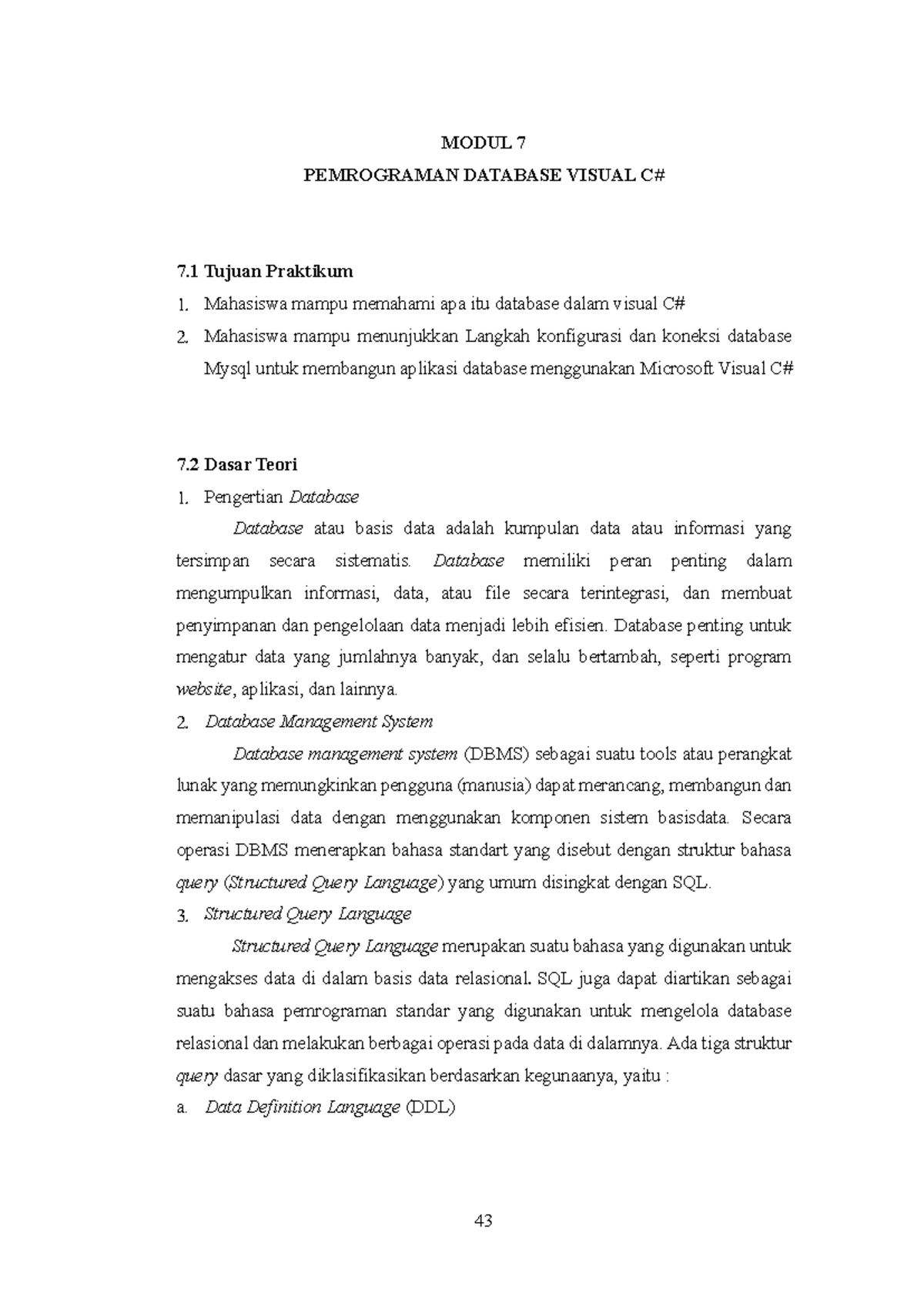 Modul 7: Pemrograman Database Menggunakan Visual C# - Studocu