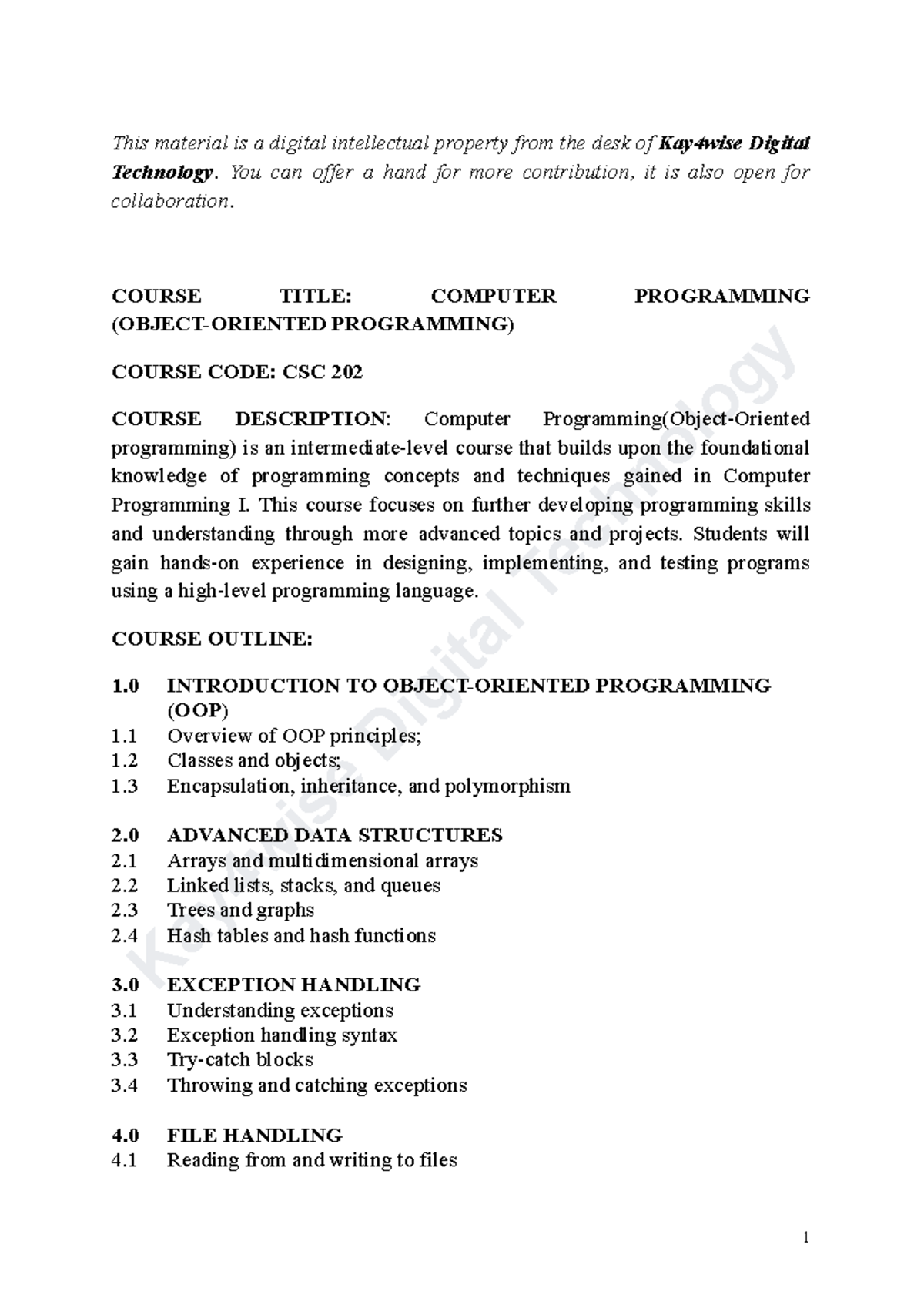 Computer Programming II (CSC 202) Course Notes and Resources - Studocu