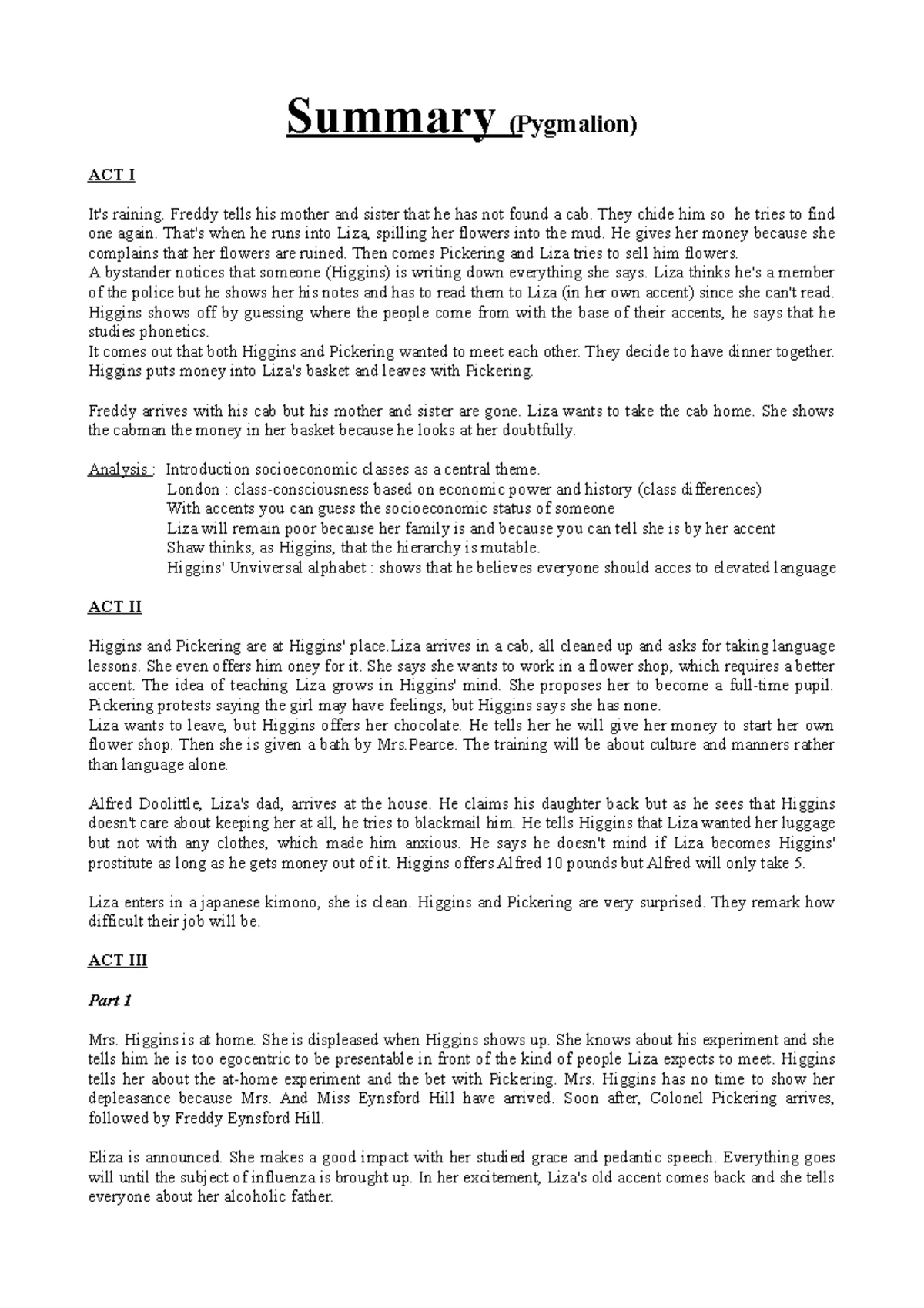 Pygmalion BY Bernard SHAW PDF - Bachelor of computer applications - Studocu