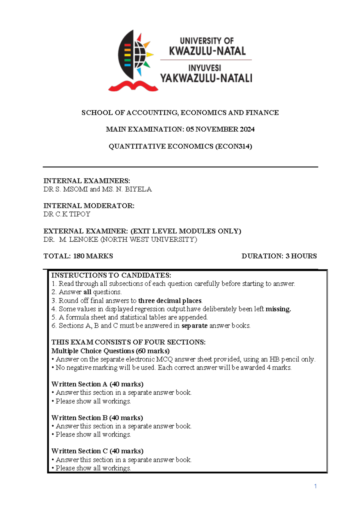 ECON314 Quantitative Economics Main Exam - November 2024 - Studocu