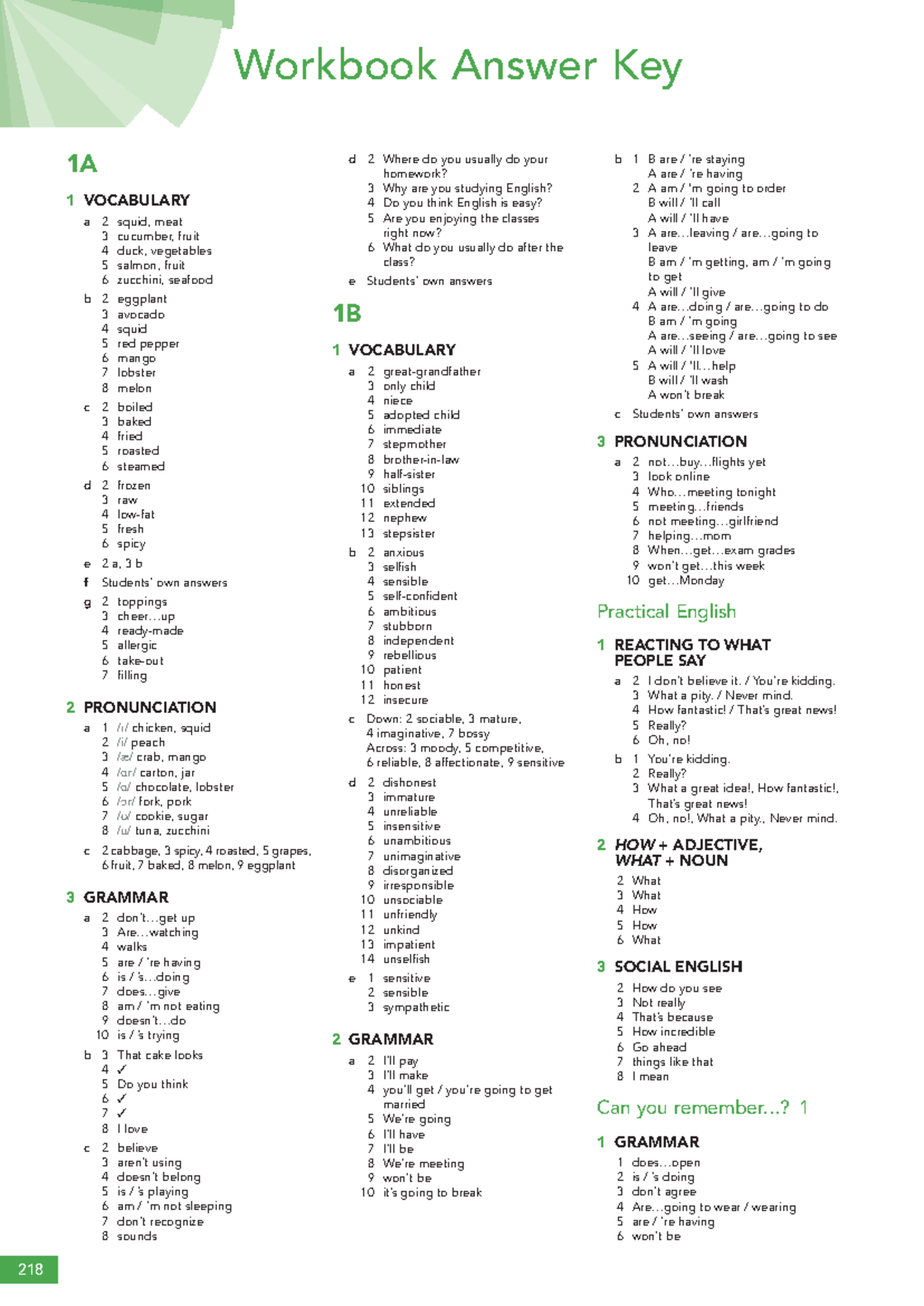 AEF3 WB Ans Key - Workbook Answer Key 1A 1 VOCABULARY a 2 squid, meat 3 ...