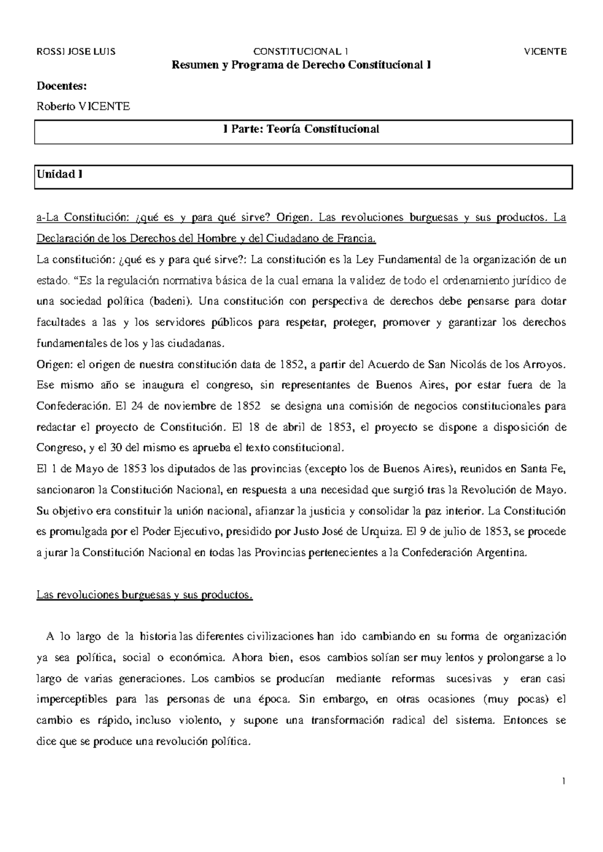 Resumen y Programa de Derecho Constitucional I - Dr. Vicente - Studocu