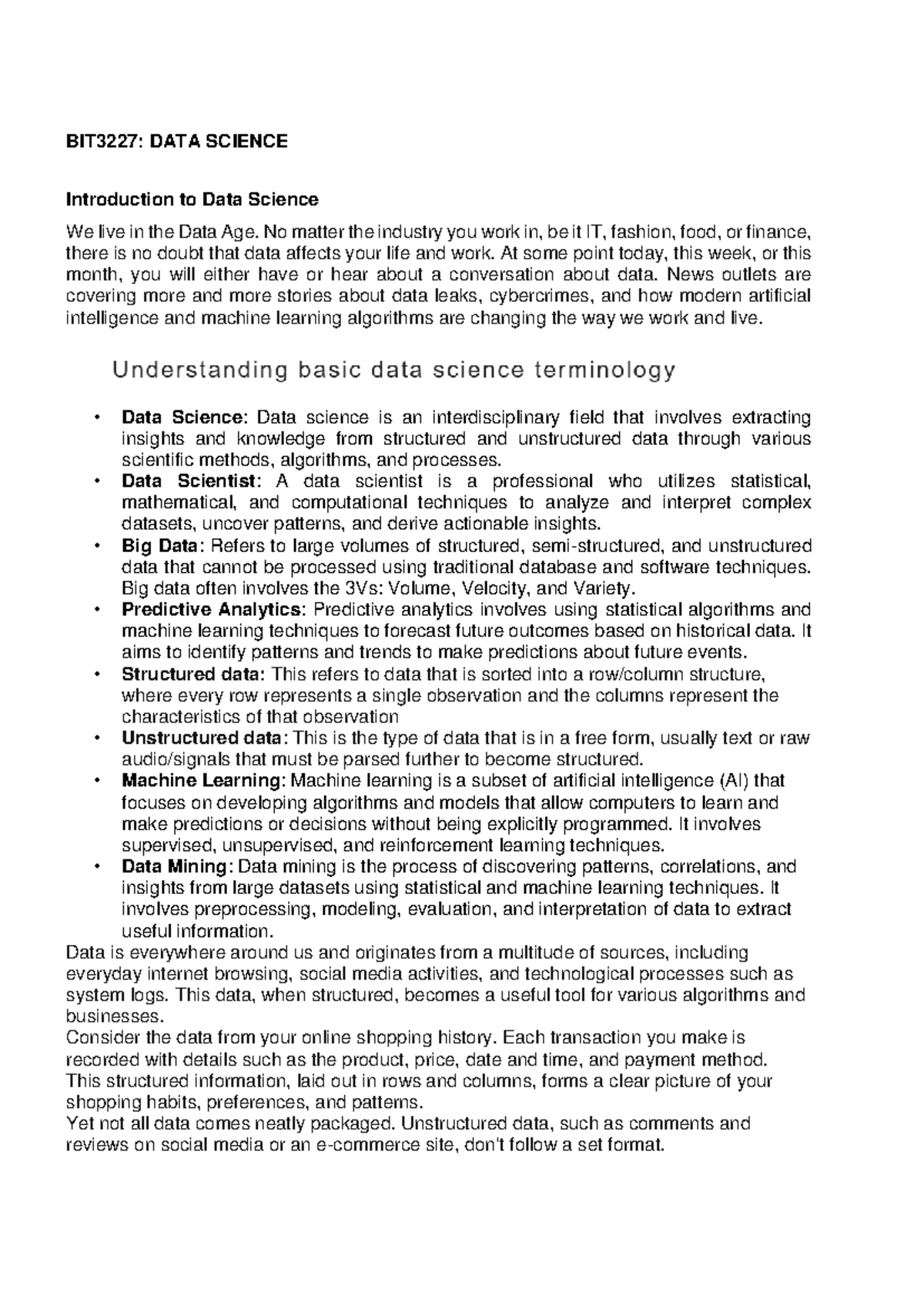BIT3227: DATA SCIENCE Introduction to Data Science Overview - Studocu
