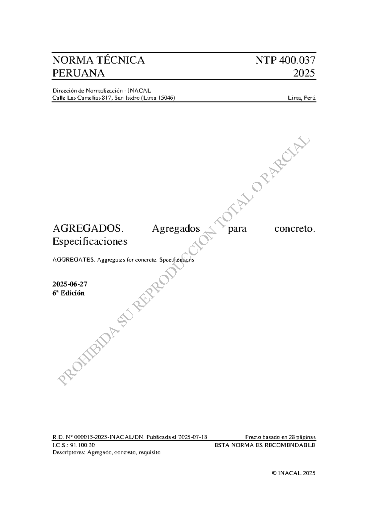 NTP 400.037:2025 Especificaciones de Agregados para Concreto - Document Preview