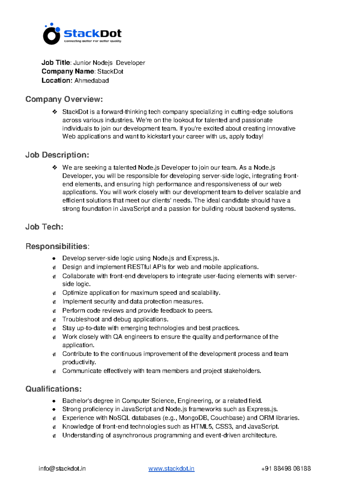 Job Title Junior Node Js Developer - info@stackdot stackdot +91 88498 ...