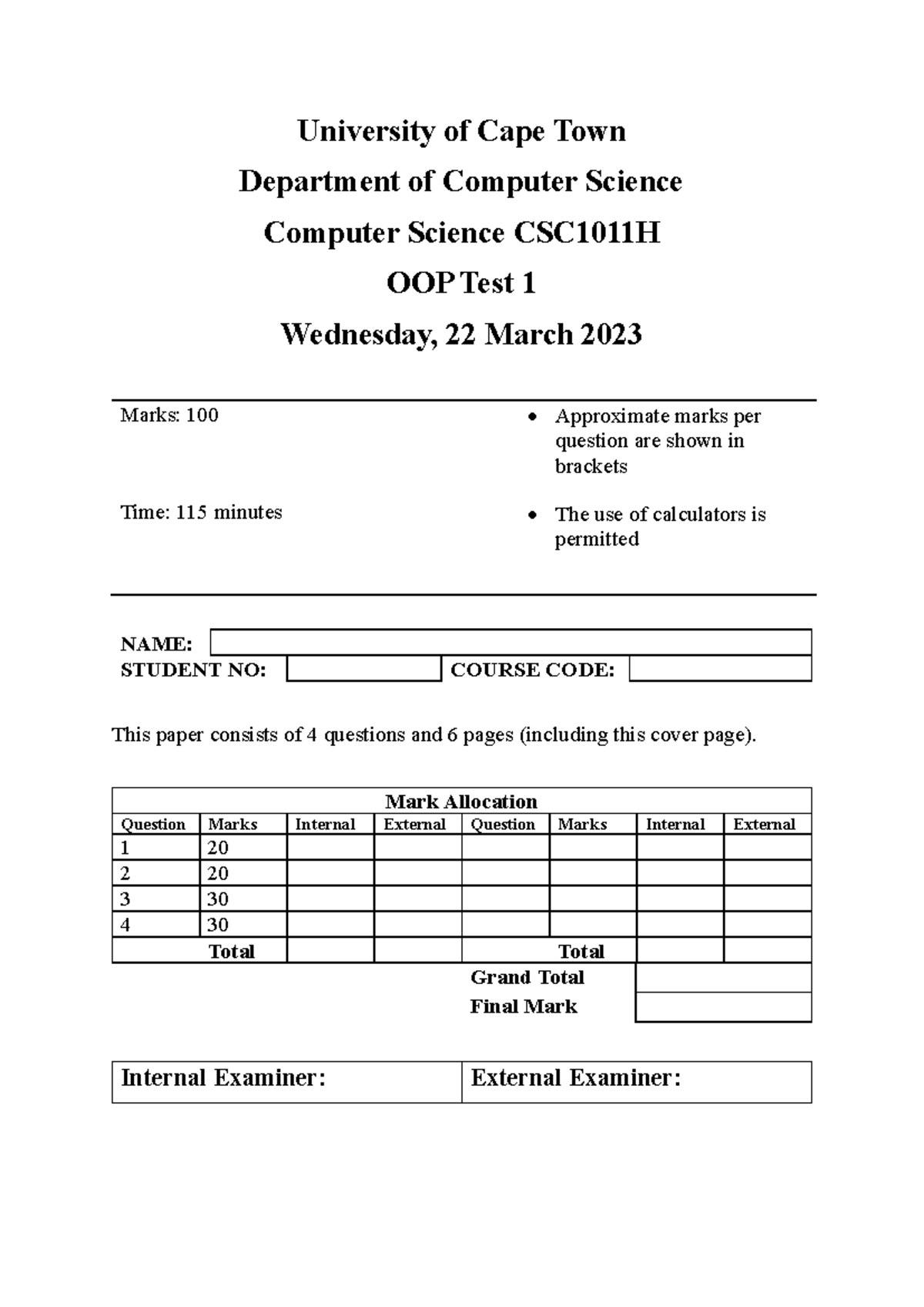 OOP TEST 1 - University of Cape Town Department of Computer Science ...