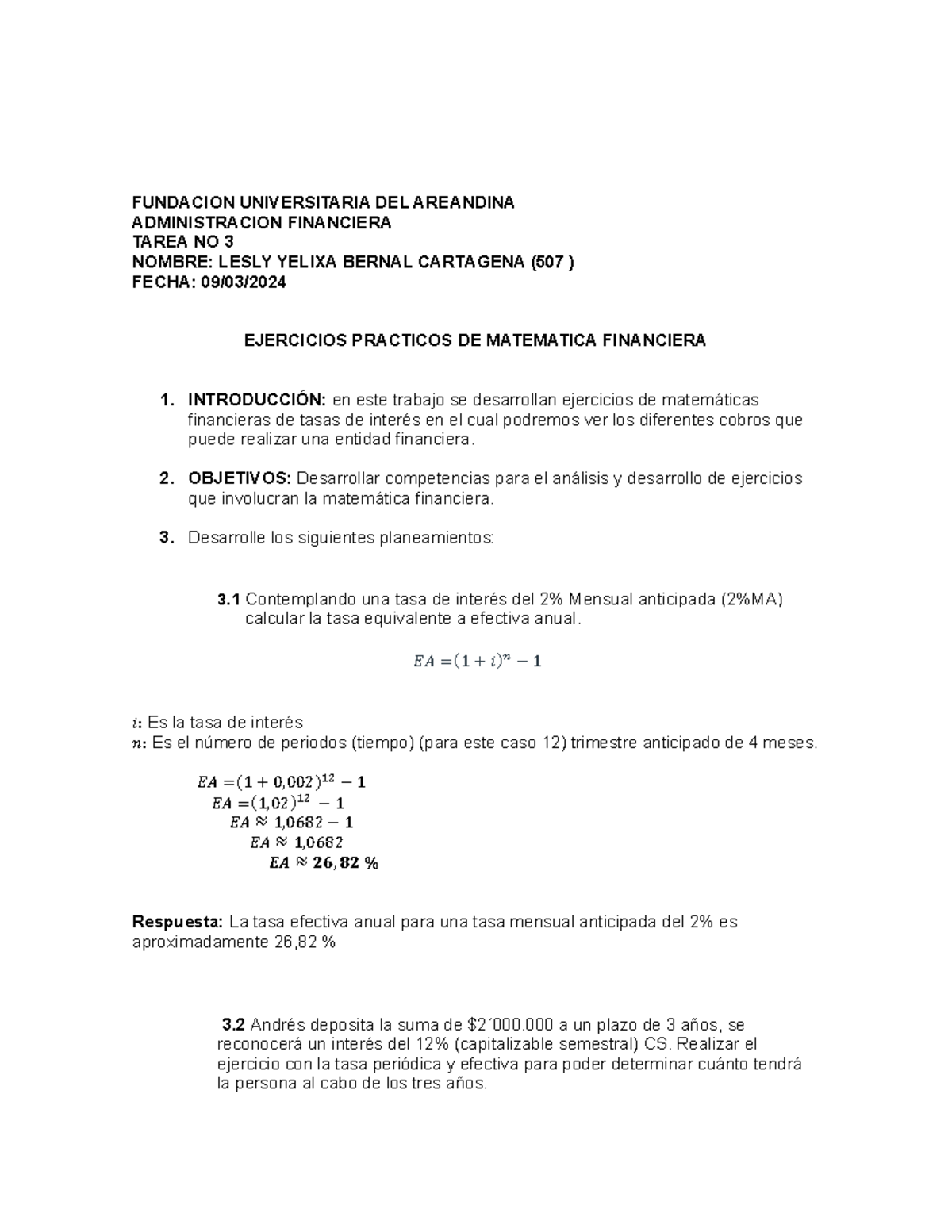 Ejercicios Practicos DE Matematica Financiera EJE 3 - FUNDACION ...