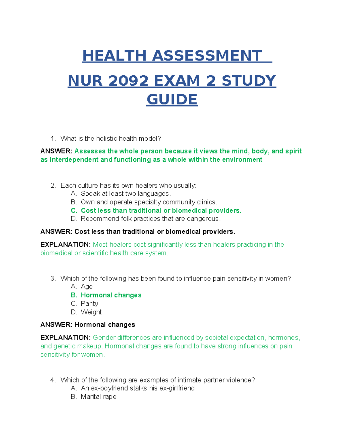 NURS 2092 HEALTH ASSESSMENT EXAM 2 STUDY GUIDE - Studocu