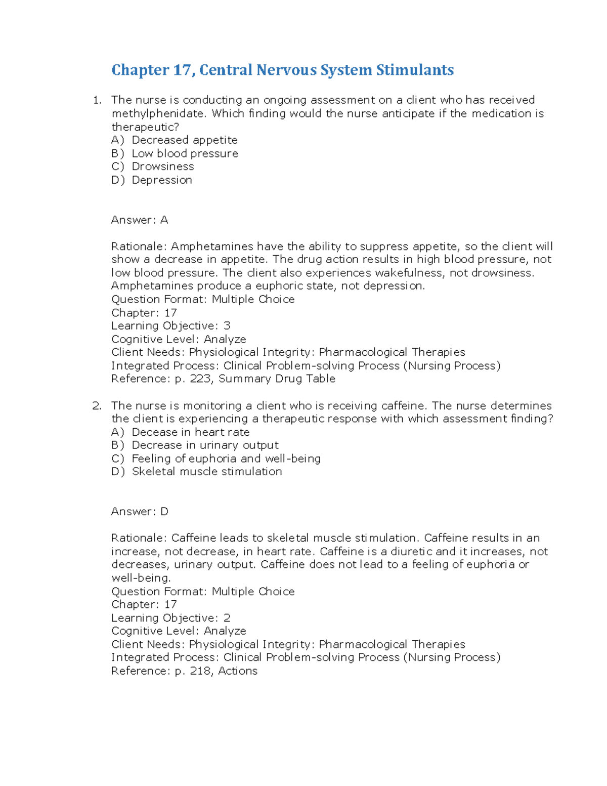 TG Chapter 17 - CNS Stimulants: Assessment & Nursing Interventions ...