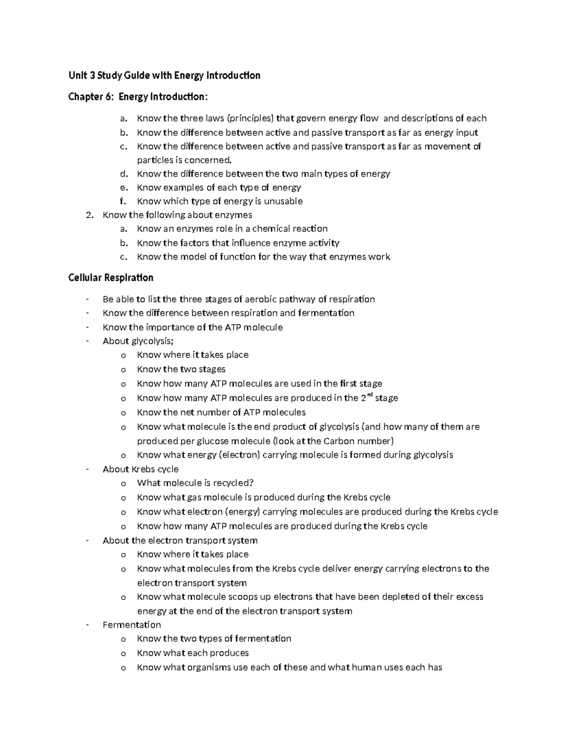 Unit 3 Study Guide: Energy, Cardiovascular & Respiratory Systems - Studocu