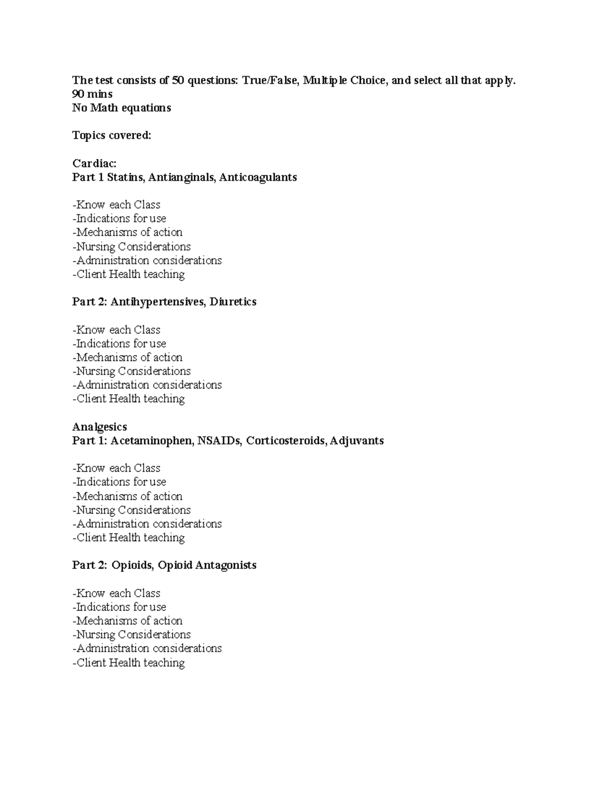 NURS 101 Final Exam Review: Cardiac and Analgesics Study Guide - Studocu