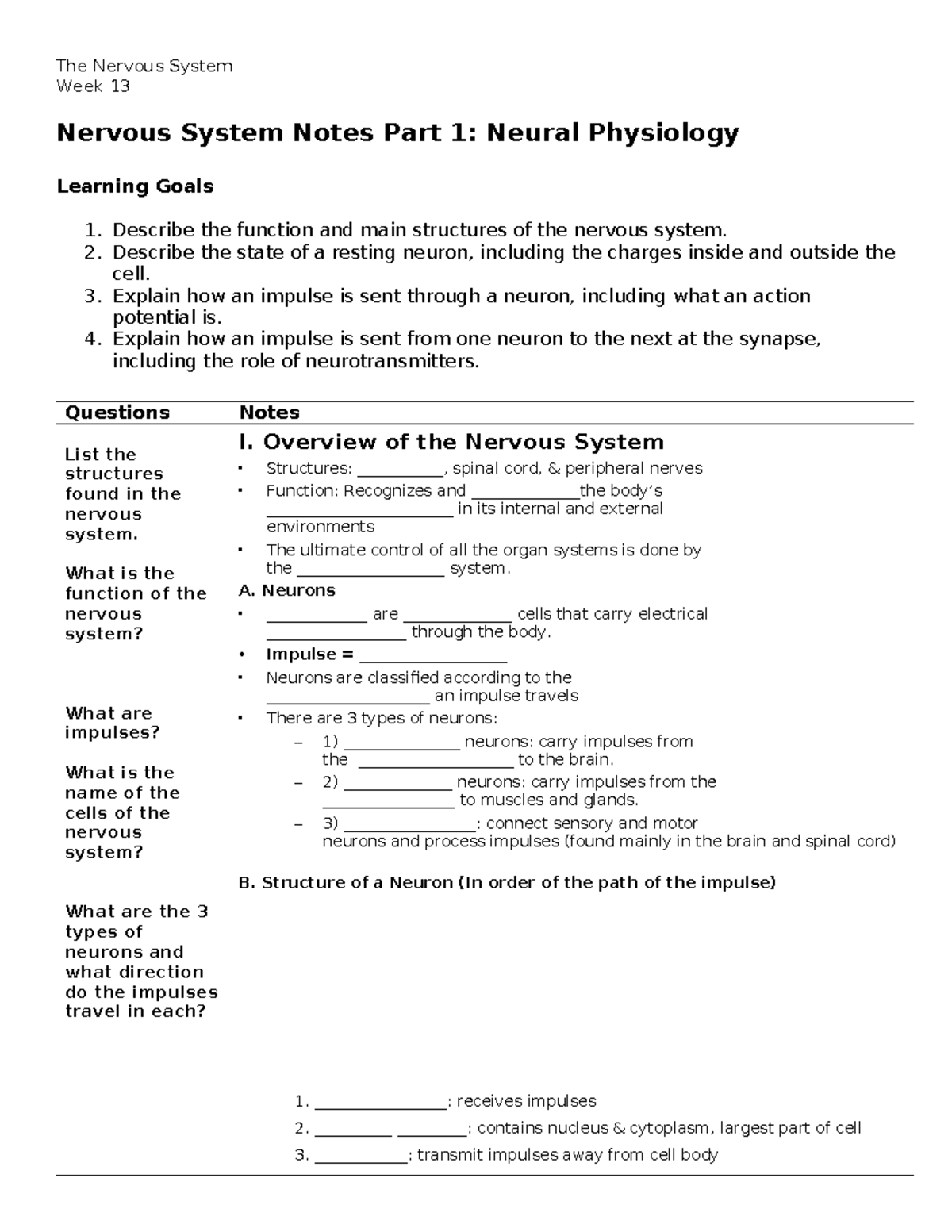 Nervous System Notes Part 1 (Week 13): Neural Physiology & Functions ...