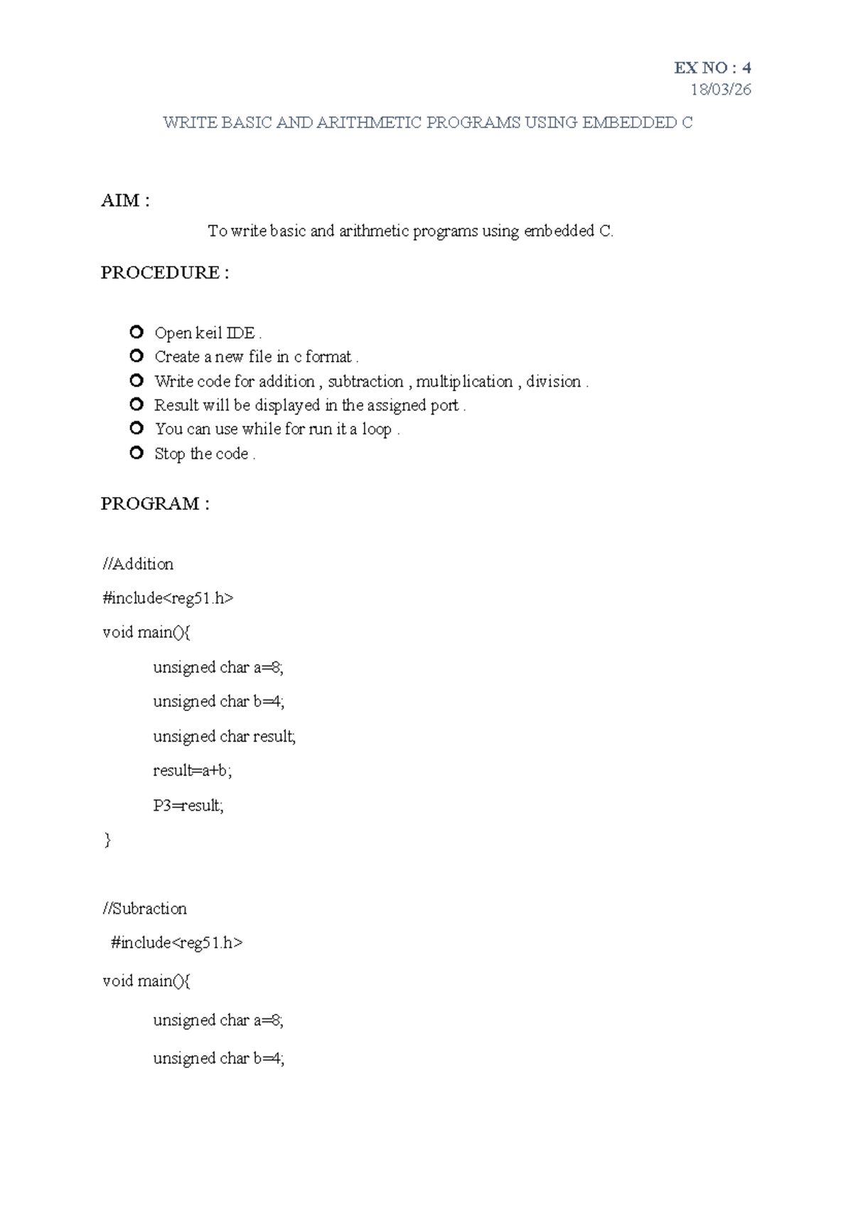 Final Exam: Basic & Arithmetic Programs in Embedded C (EX NO: 4) - Studocu