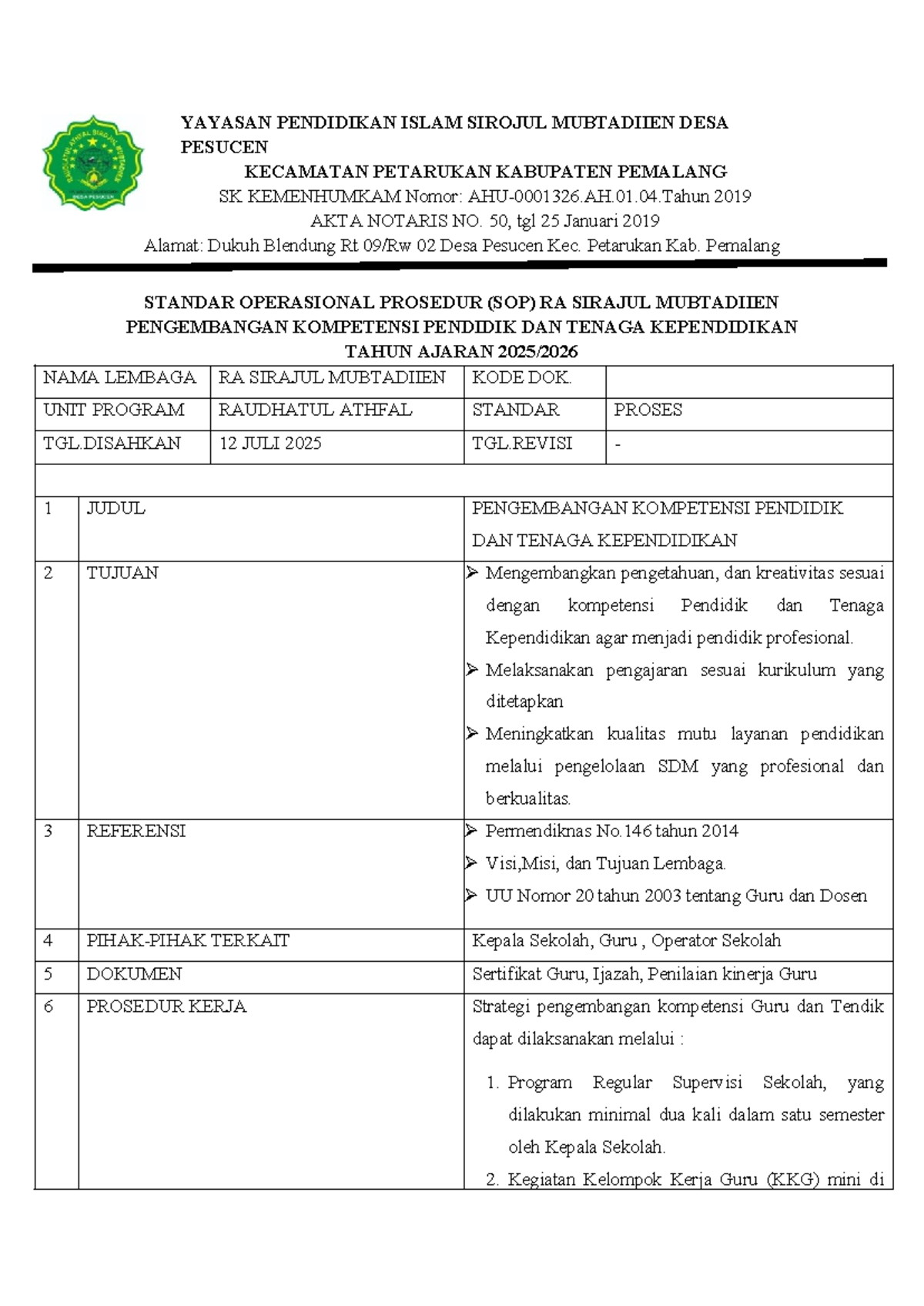 SOP Pengembangan Kompetensi Pendidik dan Tenaga Kependidikan RA SIRAJUL ...