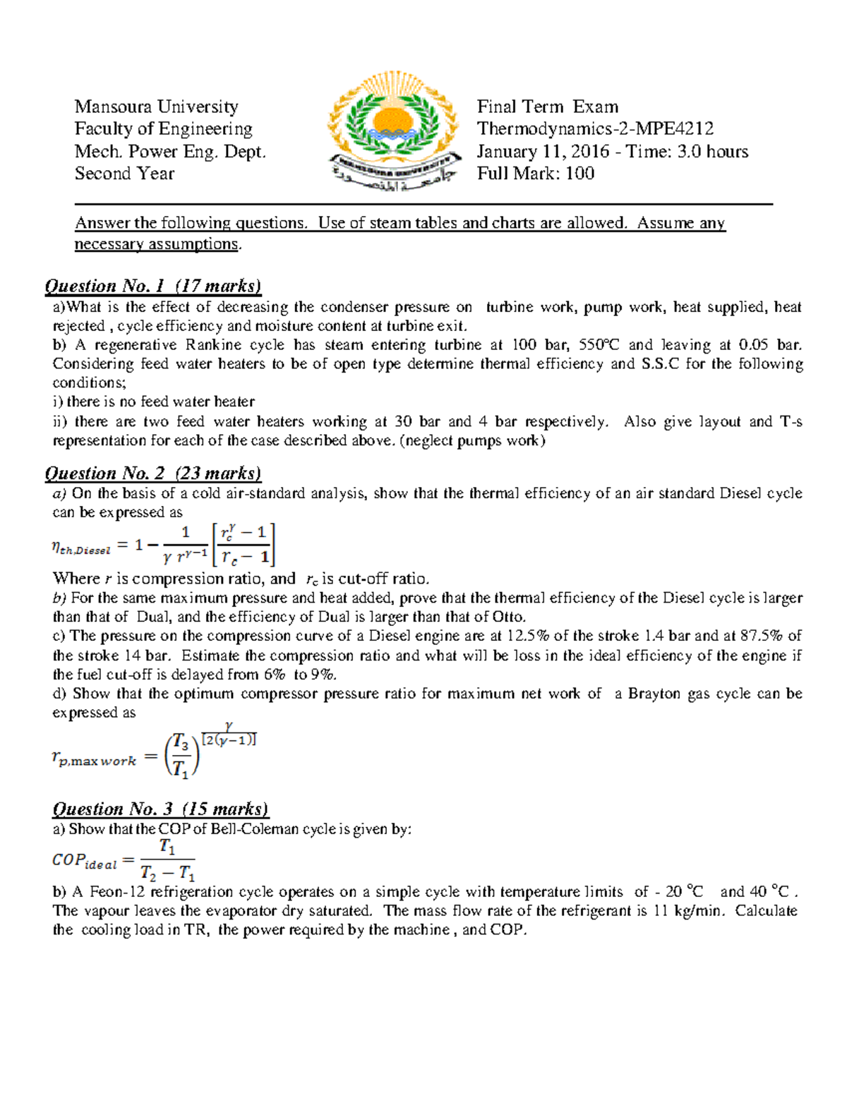 Thermodynamics-2-MPE Final Term Exam 2016: Detailed Questions ...