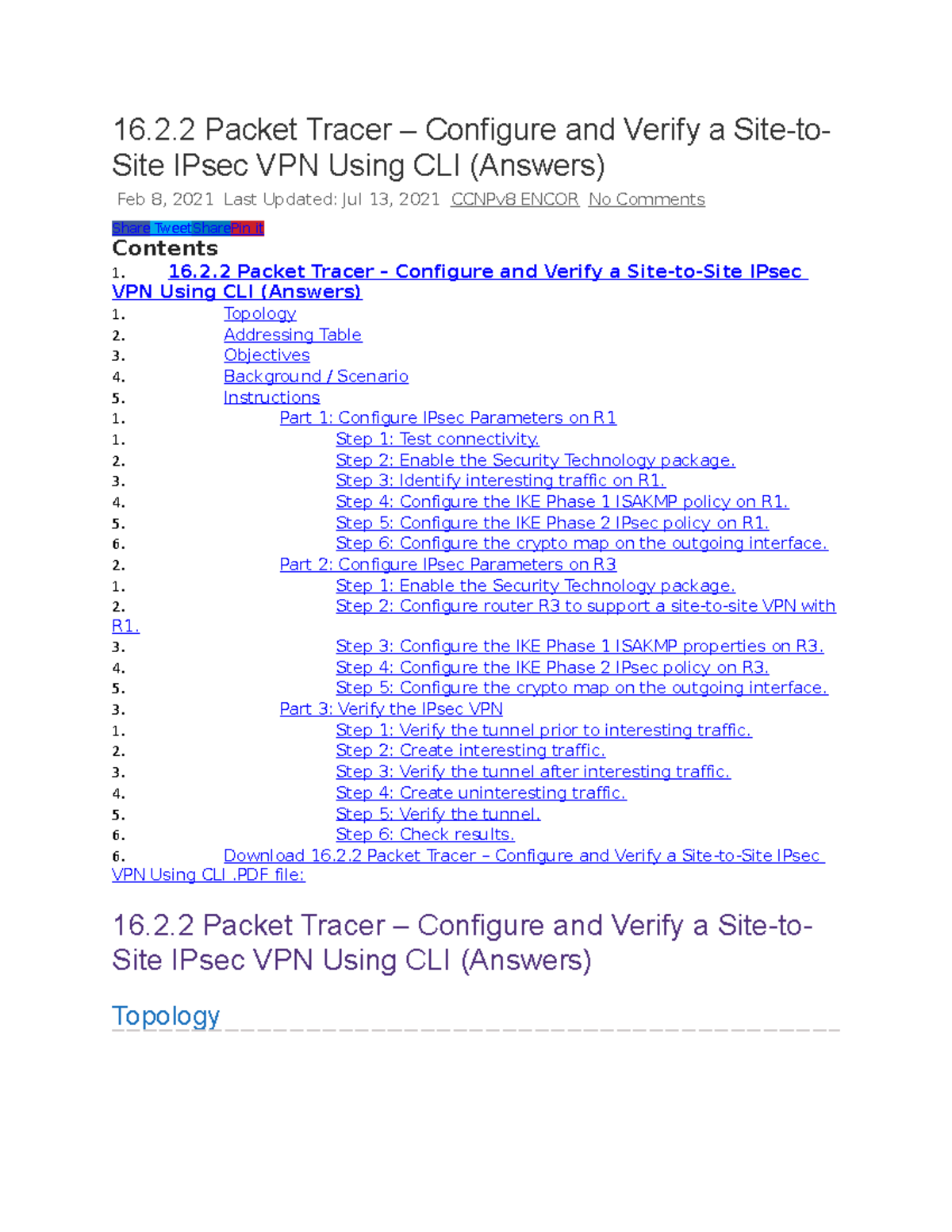CCNPv8 ENCOR: Configuring and Verifying Site-to-Site IPsec VPN - Studocu