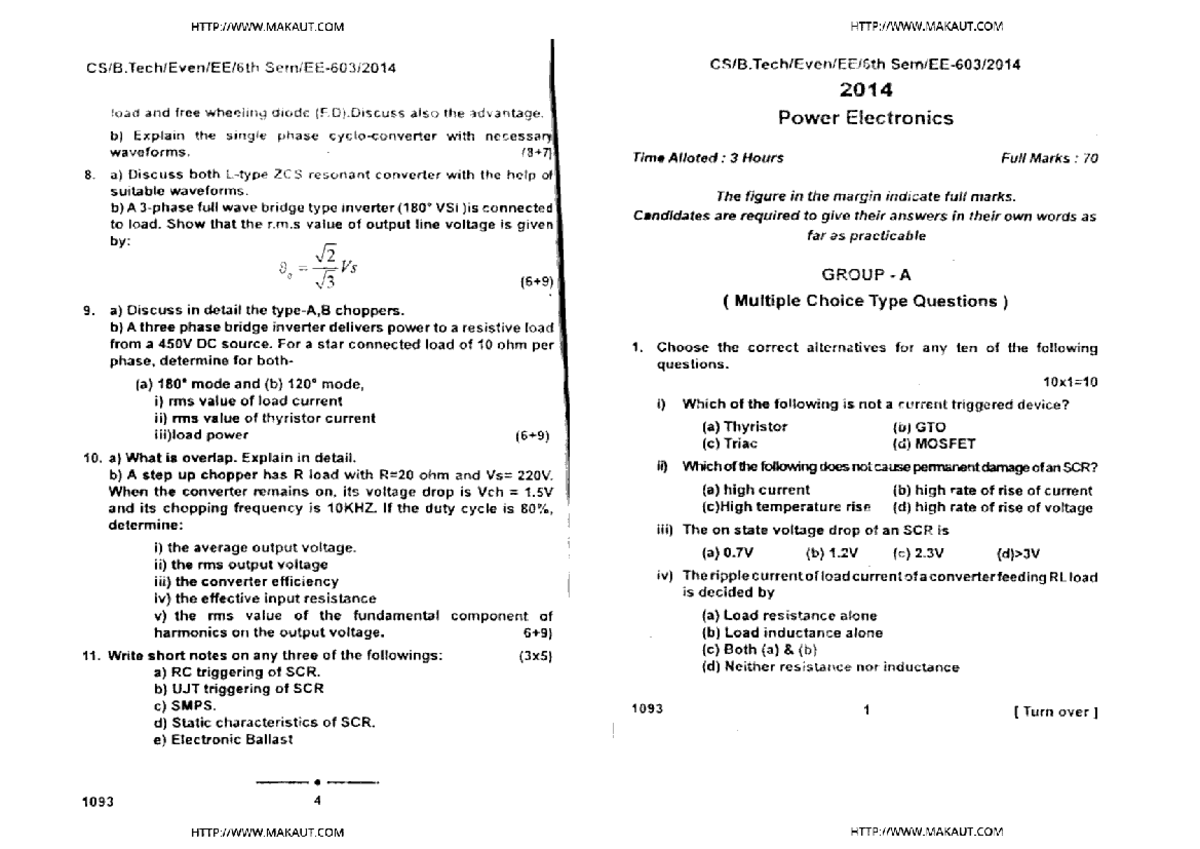 BTech EE 603 Power Electronics: 2014 Exam Notes & Waveform Analysis ...