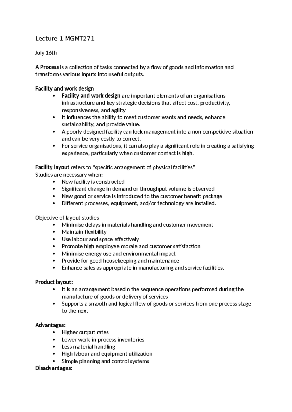 Lecture 1: Facility and Work Design Insights - MGMT271 - Studocu