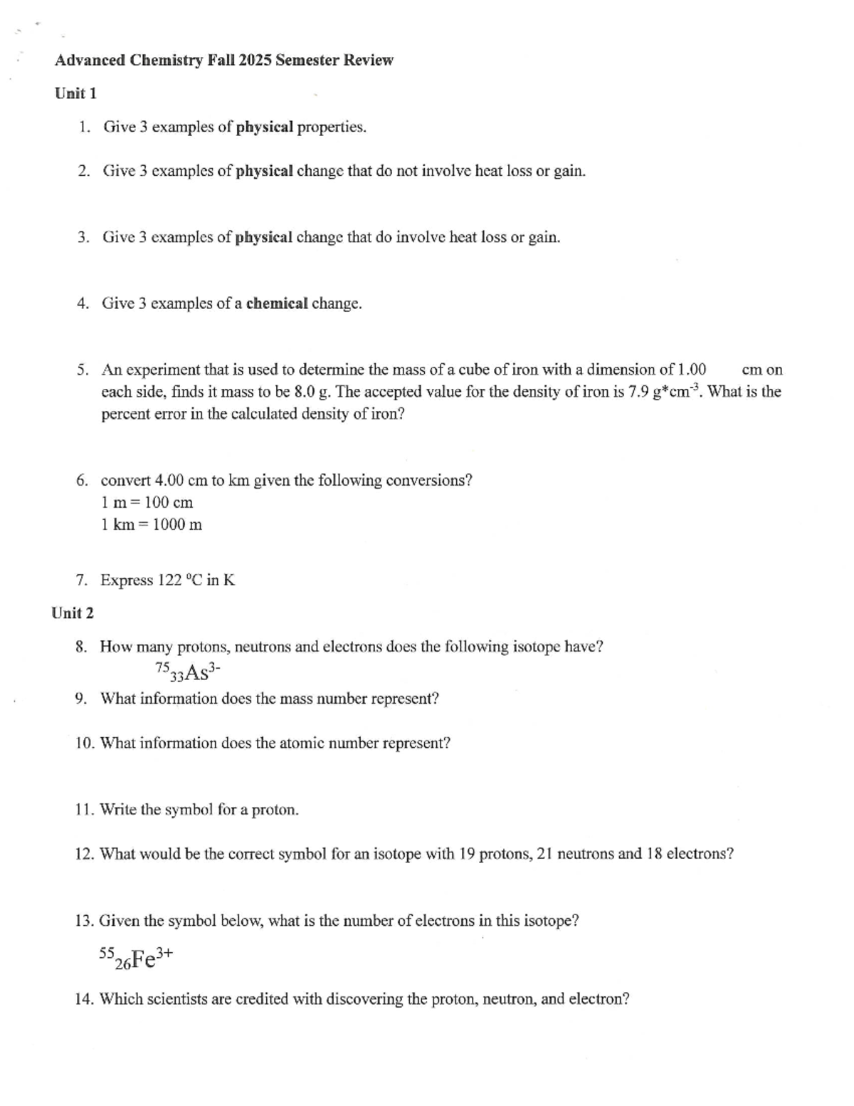 Advanced Chemistry Fall 2025 Exam Review: Units 1-5 - Studocu