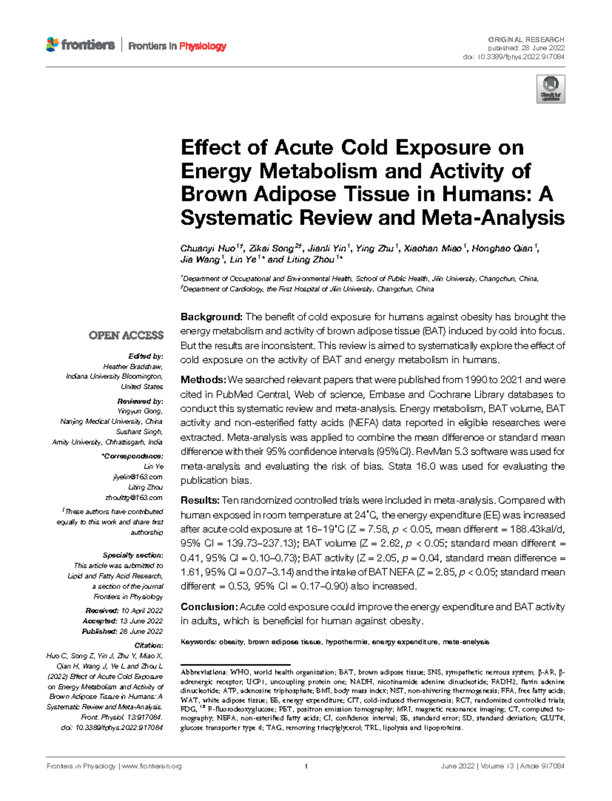 Effect of Acute Cold Exposure on Energy Metabolism: A Systematic Review ...