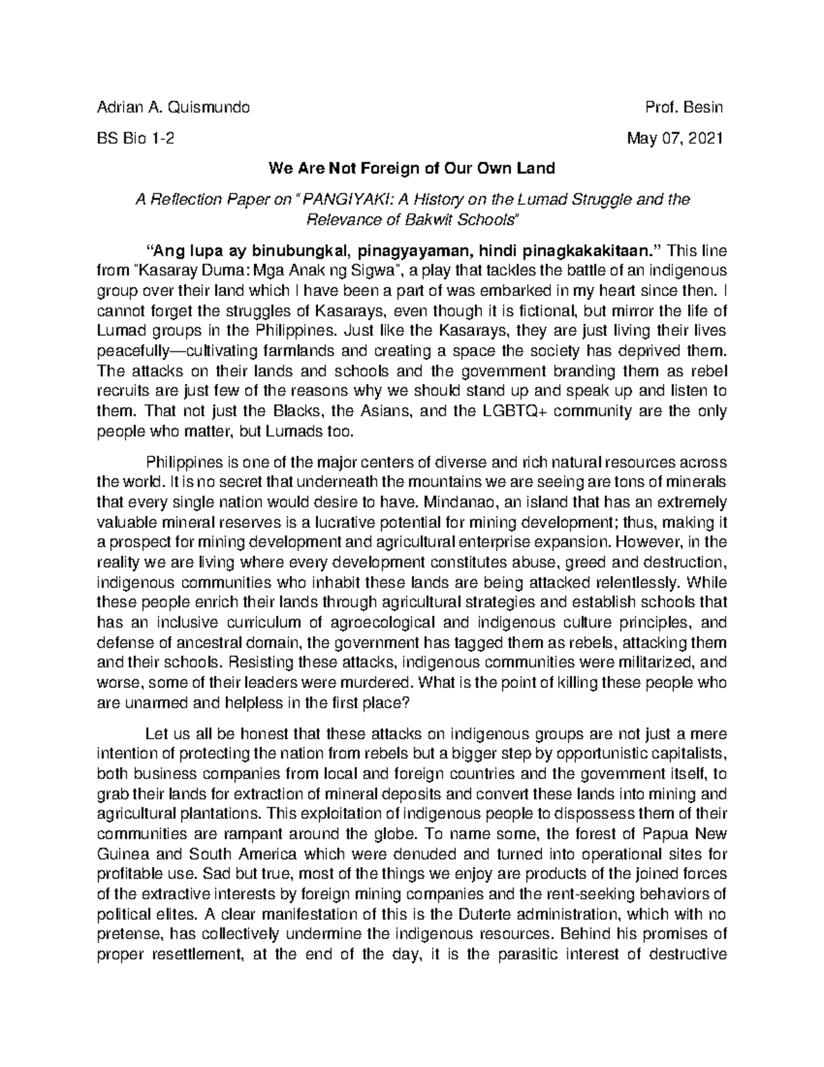 Reflection Paper Philippine Indigenous Community - Adrian A. Quismundo ...