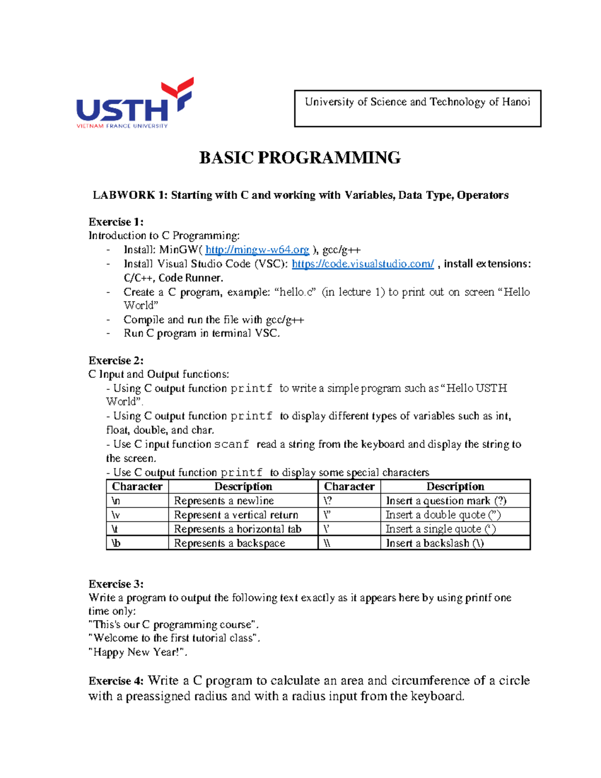 Labwork 1 - đề usth - BASIC PROGRAMMING LABWORK 1: Starting with C and ...