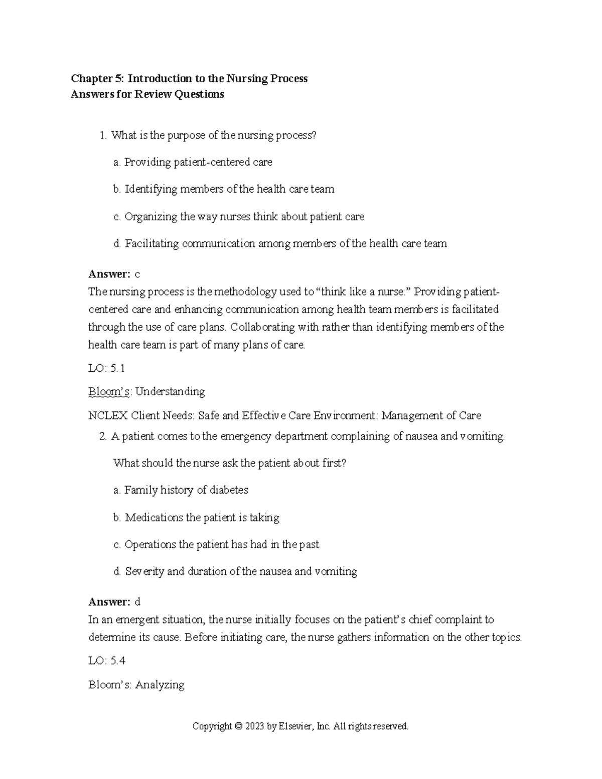 Chapter 5: Nursing Process Review Questions and Answers - Studocu