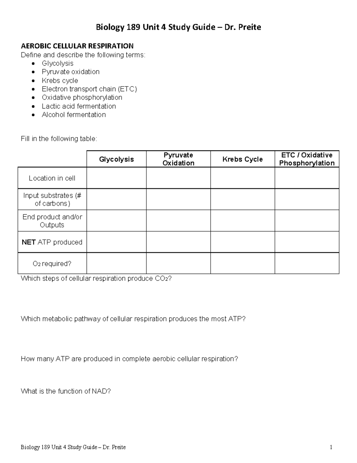 Biology 189 Unit 4 Study Guide - Cellular Respiration & Genetics - Studocu