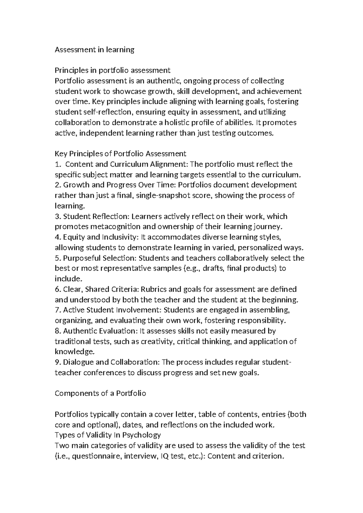 Assessment in Learning: Key Principles of Portfolio Assessment - Studocu