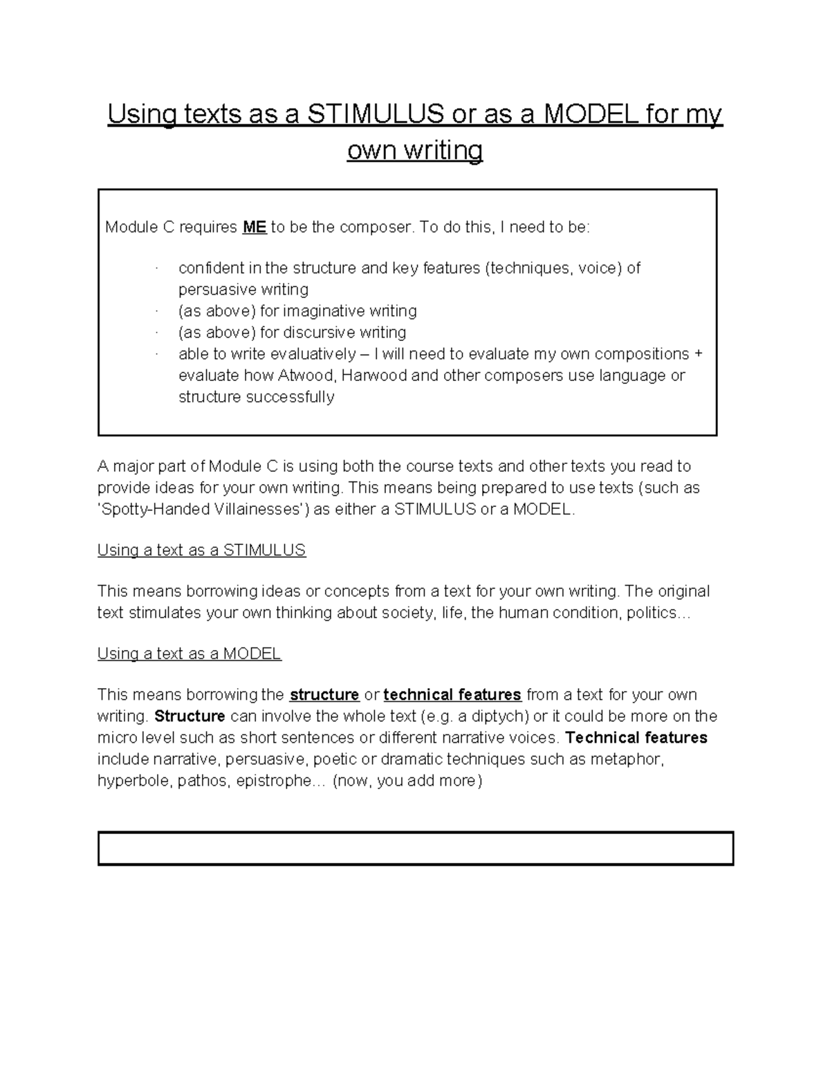 Module C: Using Texts as Stimulus or Model for Writing - Studocu