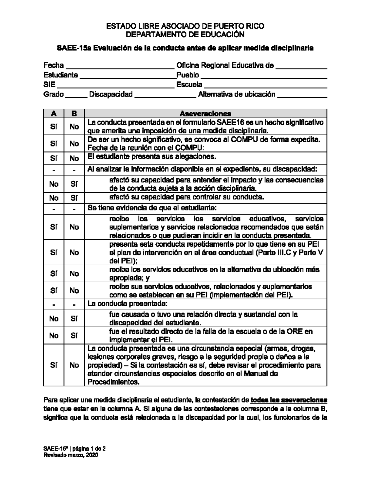 SAEE 15A Evaluación de Conducta y Medidas Disciplinarias - Studocu
