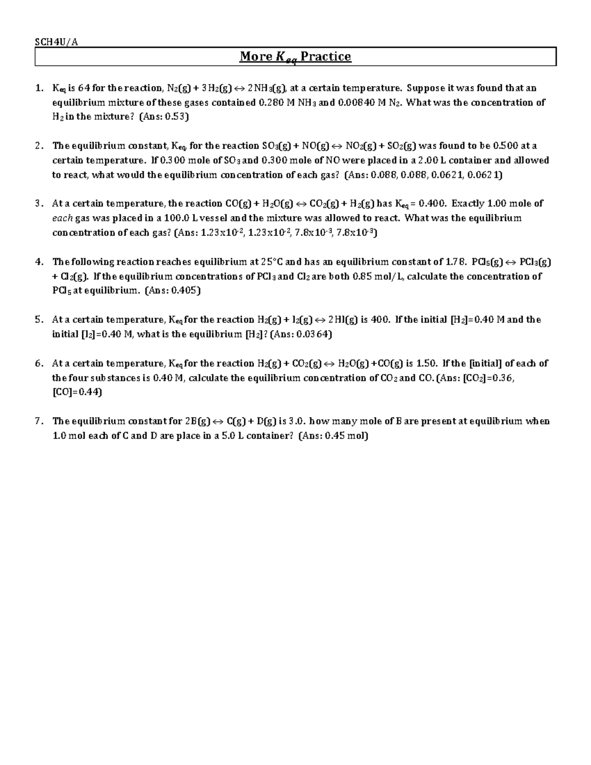 SCH4U/A Keq Practice: Advanced Problems and Solutions - Studocu