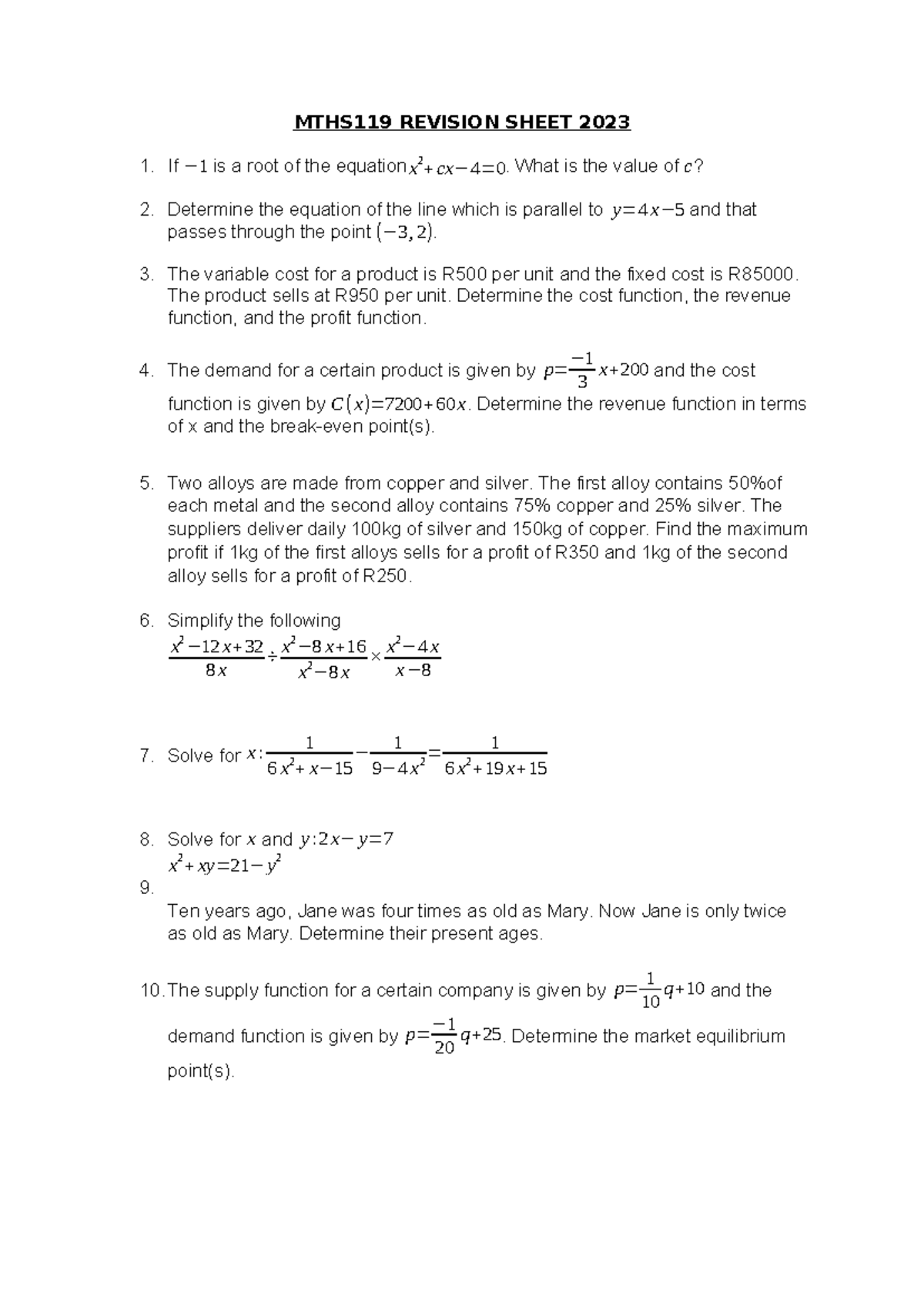 MTHS119 Final Exam Revision Notes 2023 - Studocu