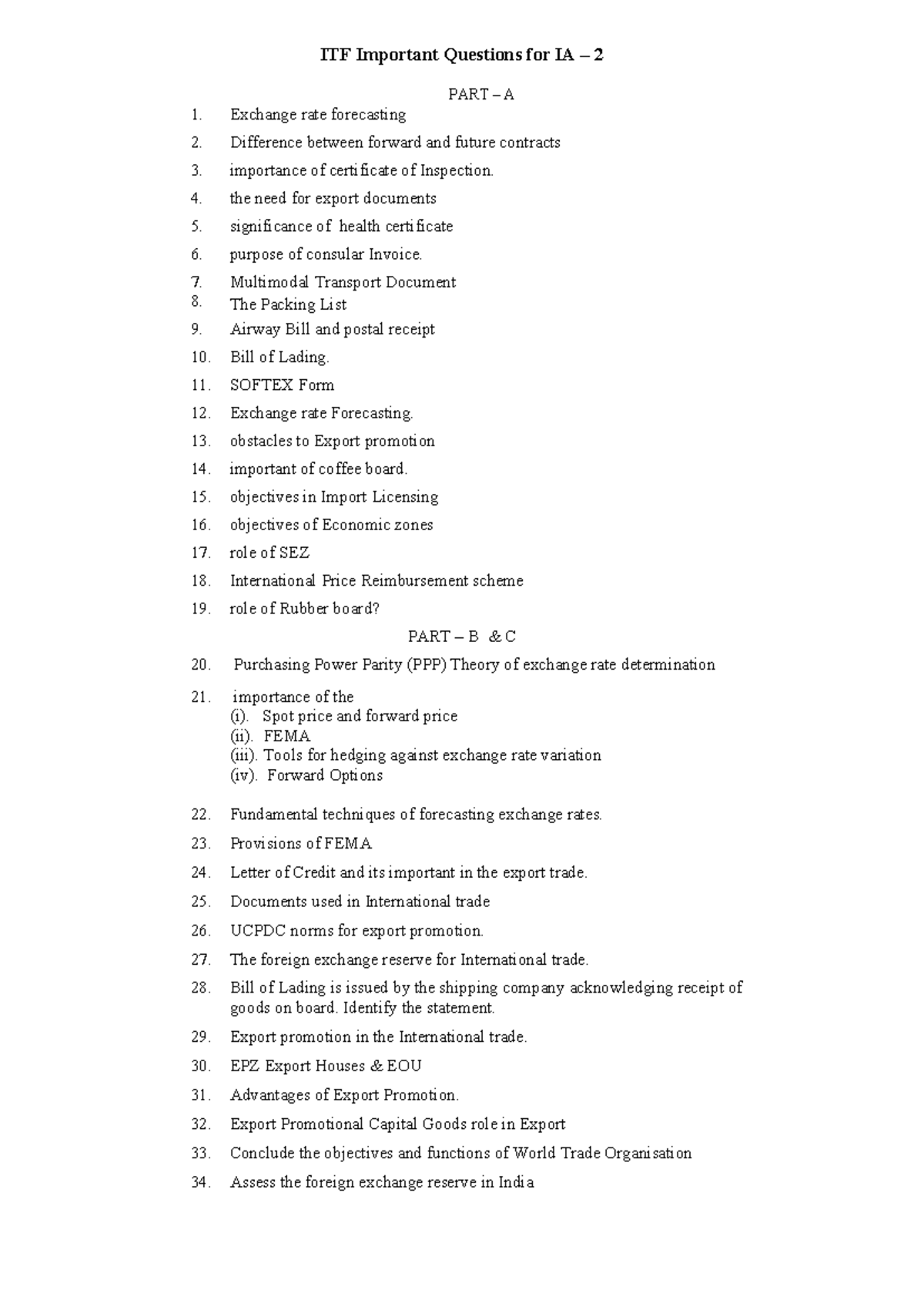 ITF Important Questions for IA: Key Topics and Concepts in Trade - Studocu