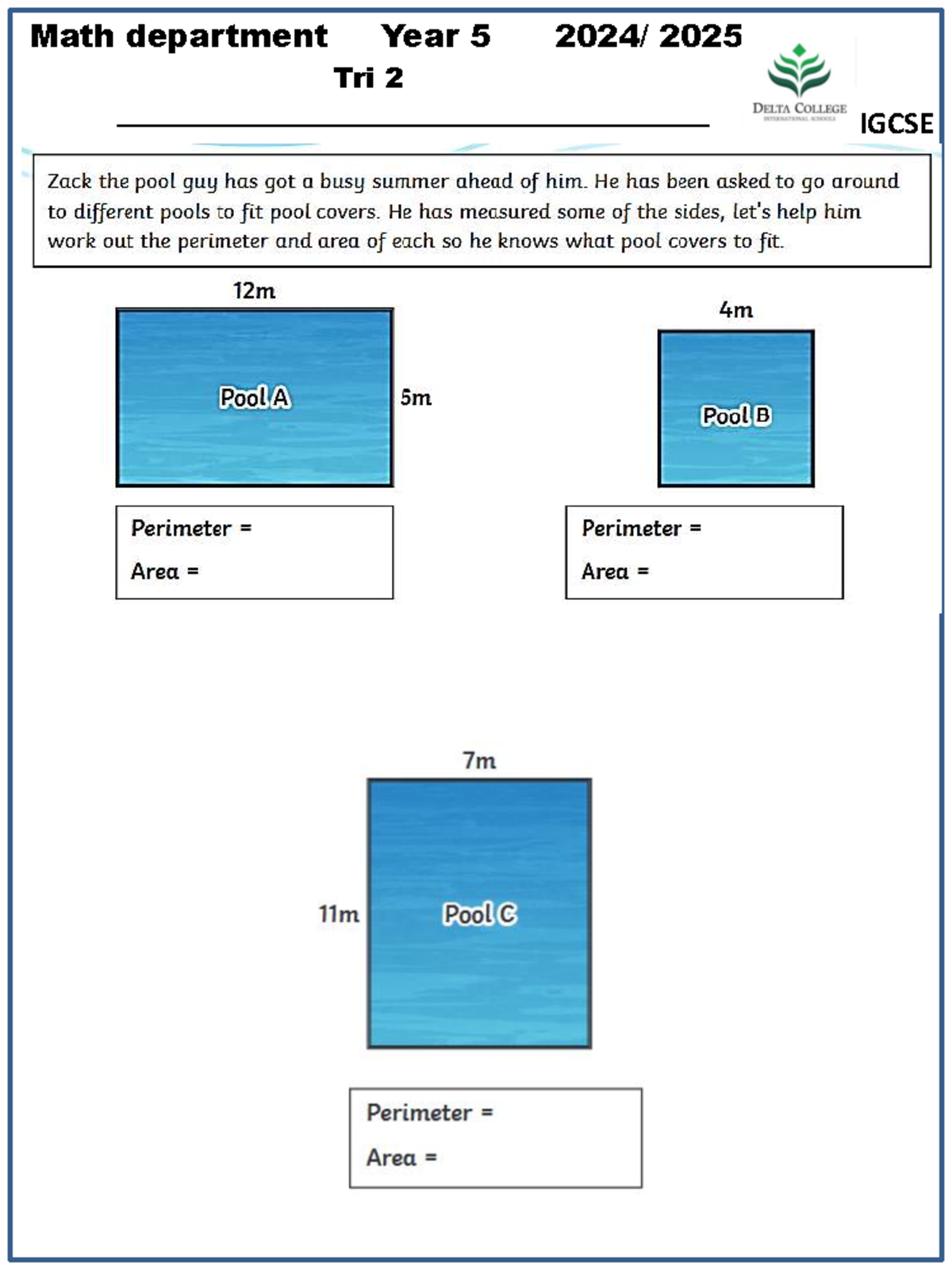 Math Year 5 Tri 2: Perimeter & Area Calculations for Pools - Studocu