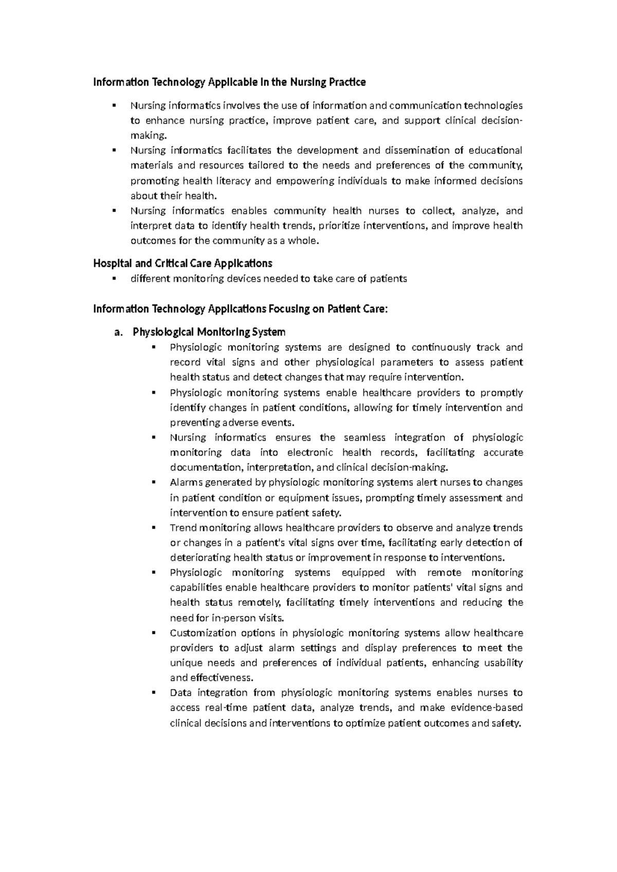 NCM110N Midterm Notes on Nursing Informatics and Patient Care Systems ...