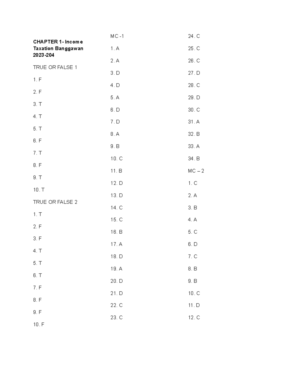 CHAPTER Income Taxation Answers - TRUE/FALSE & MC Questions - Studocu