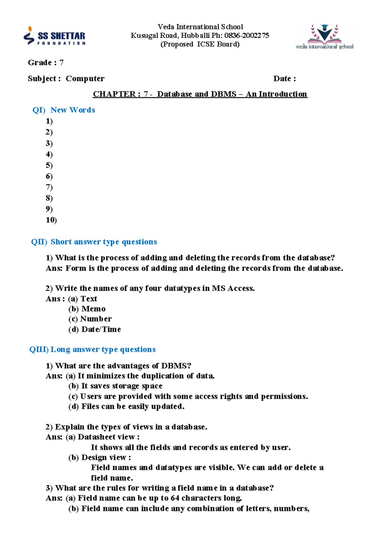 Grade 7 Computer Chapter 7 Notes: Database and DBMS Overview - Studocu