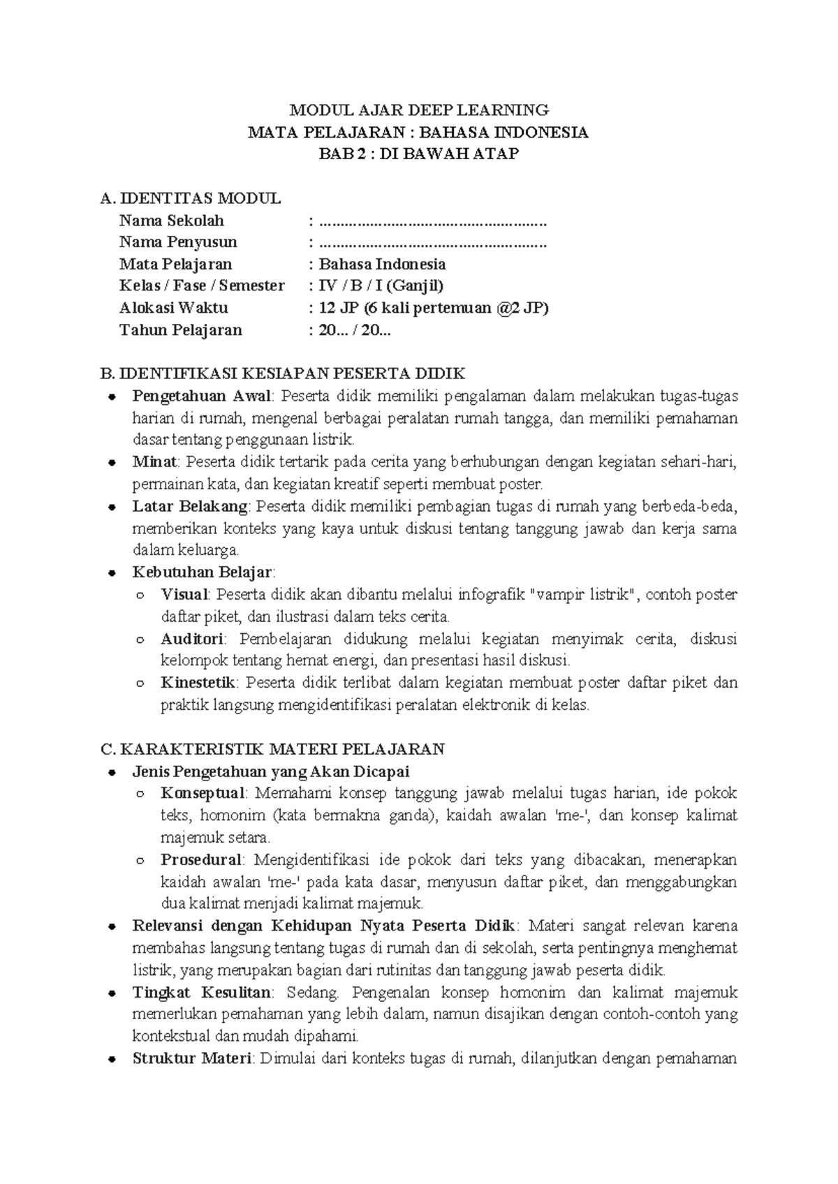 Modul Ajar Deep Learning: Bahasa Indonesia Kelas IV B I - Bab 2 - Studocu