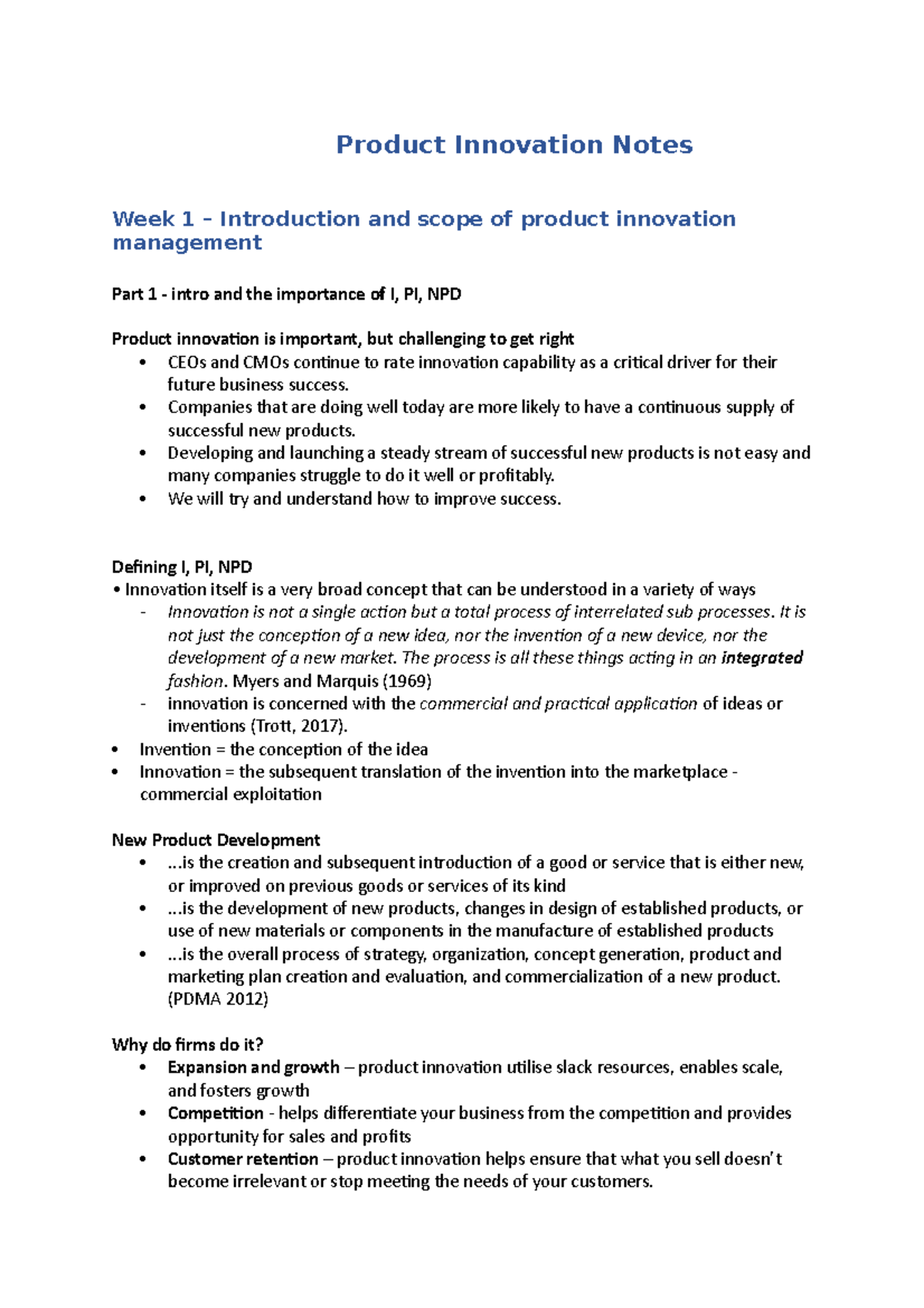 Product Innovation Management Lecture Notes 2021: Week 1 Overview - Studocu