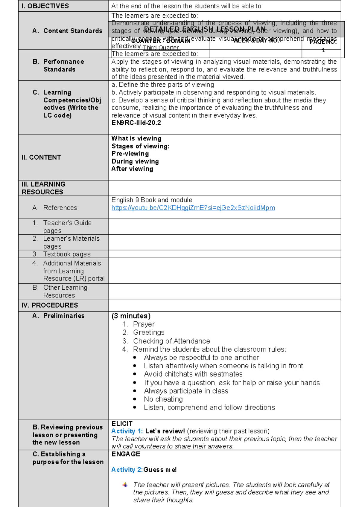 Viewing - None - DETAILED ENGLISH LESSON PLAN GRADE LEVEL 10 QUARTER ...