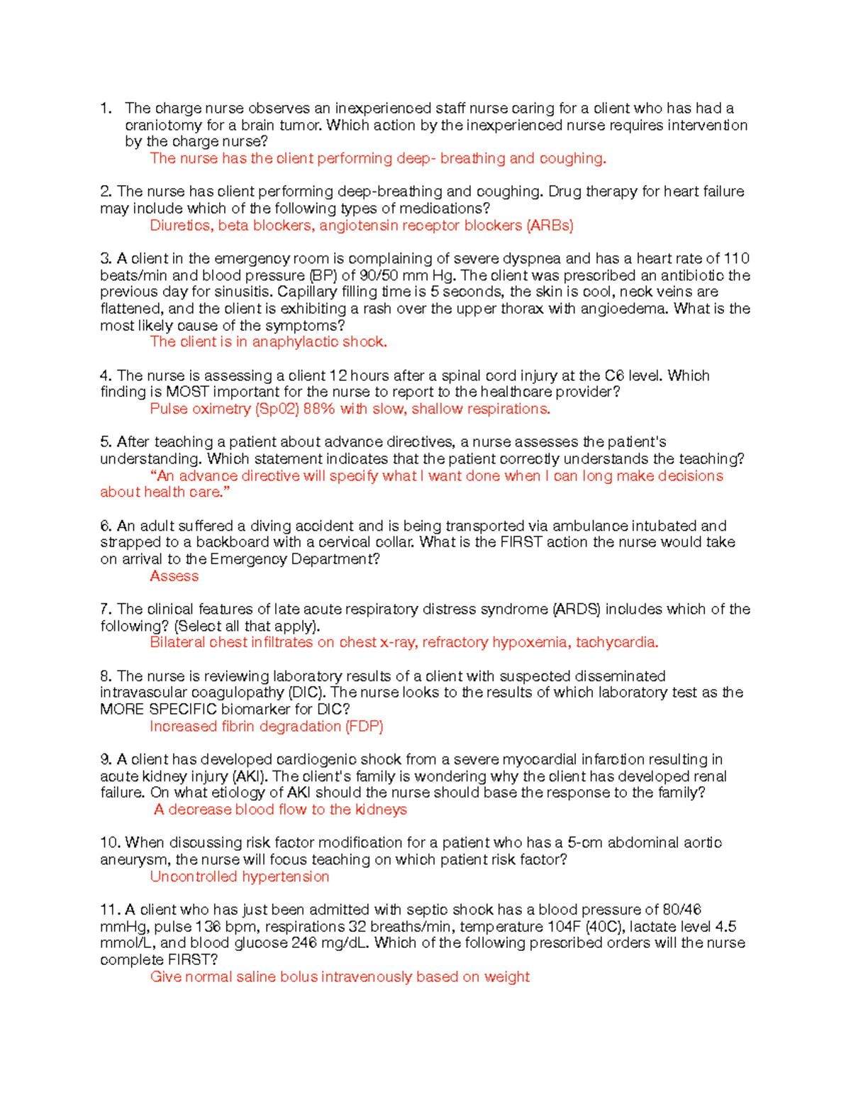Med-Surg IV Final Exam Questions and Key Concepts Review - Studocu