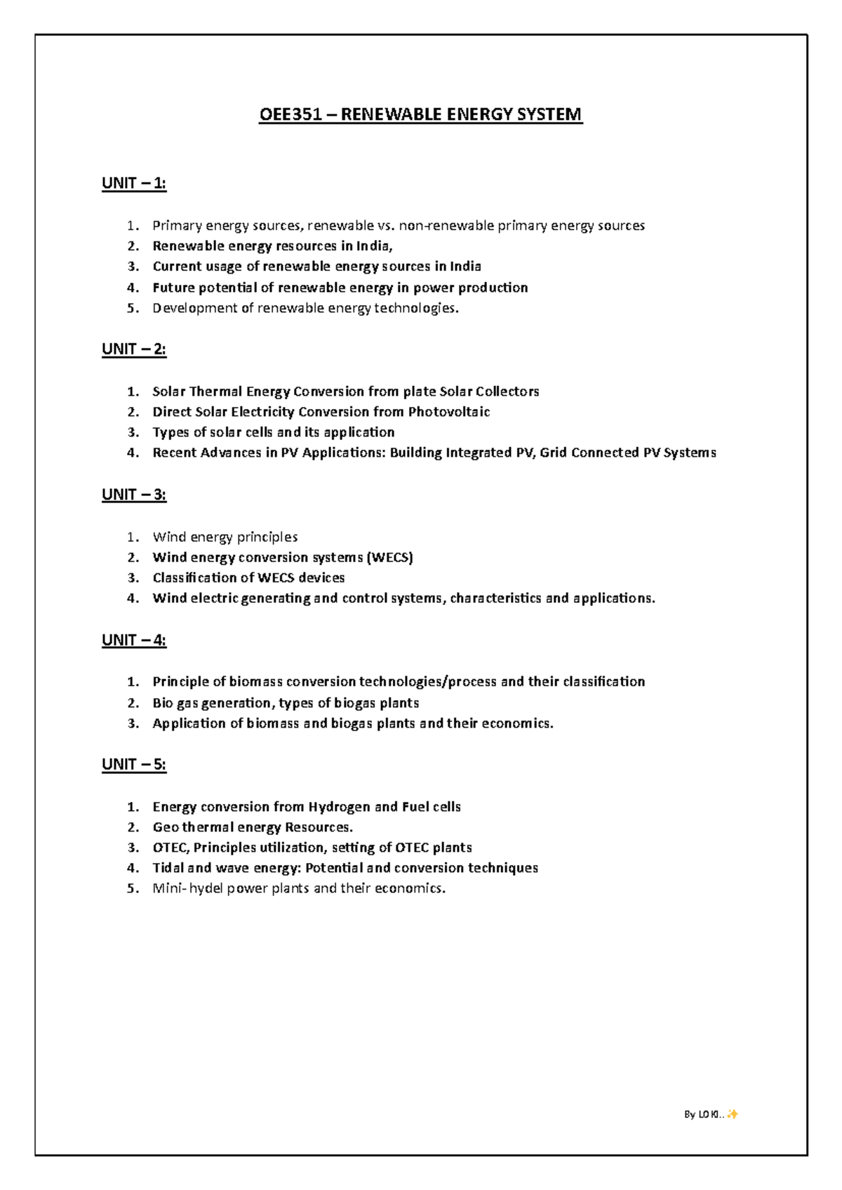 OEE351 RENEWABLE ENERGY SYSTEMS: Comprehensive Unit Notes - Studocu