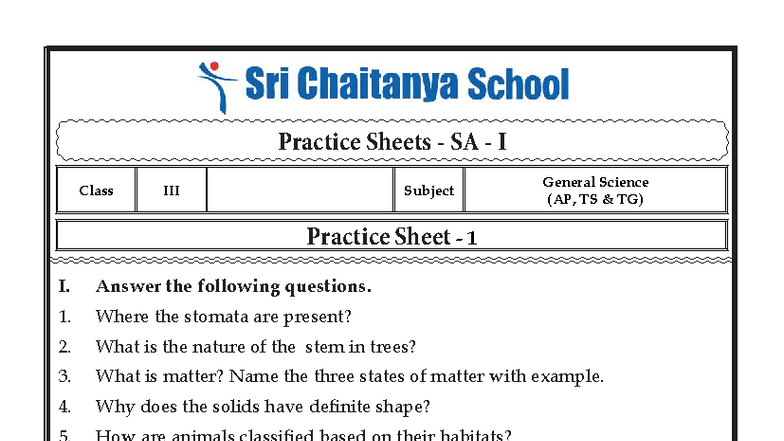 GS Class III SA-I Practice Sheets: General Science Questions ...