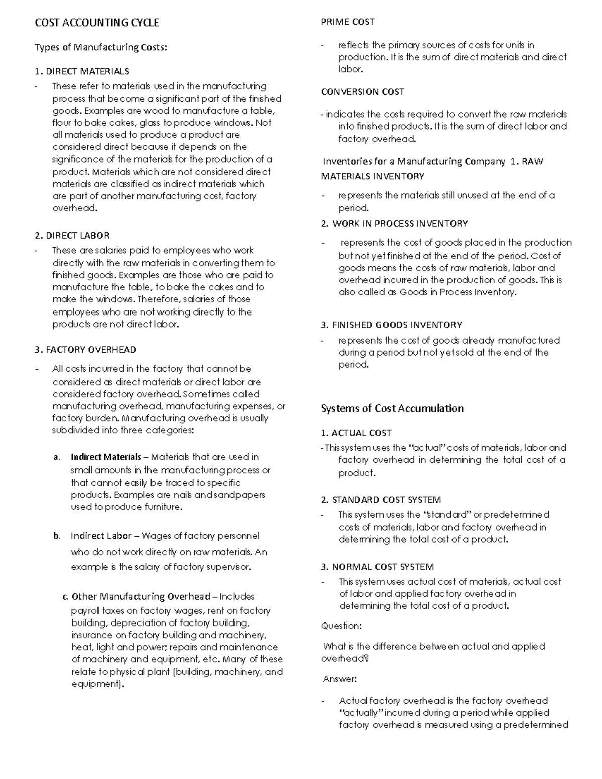 COST Accounting Notes: Understanding Manufacturing Costs and Overhead ...
