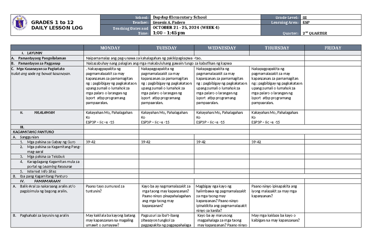 DLL ESP 3 Q2 W4 - Daily Lesson Log for Grade III Classroom Instruction ...