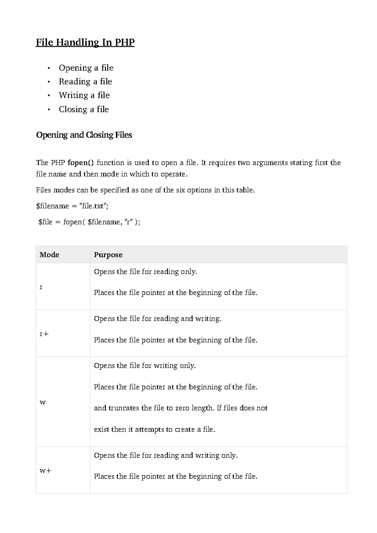 File Handling In PHP - Lecture notes - File Handling In PHP • Opening a ...