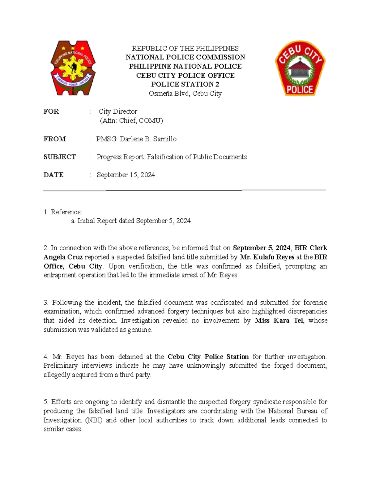 Final Report on Falsification of Public Documents - Progress Update ...