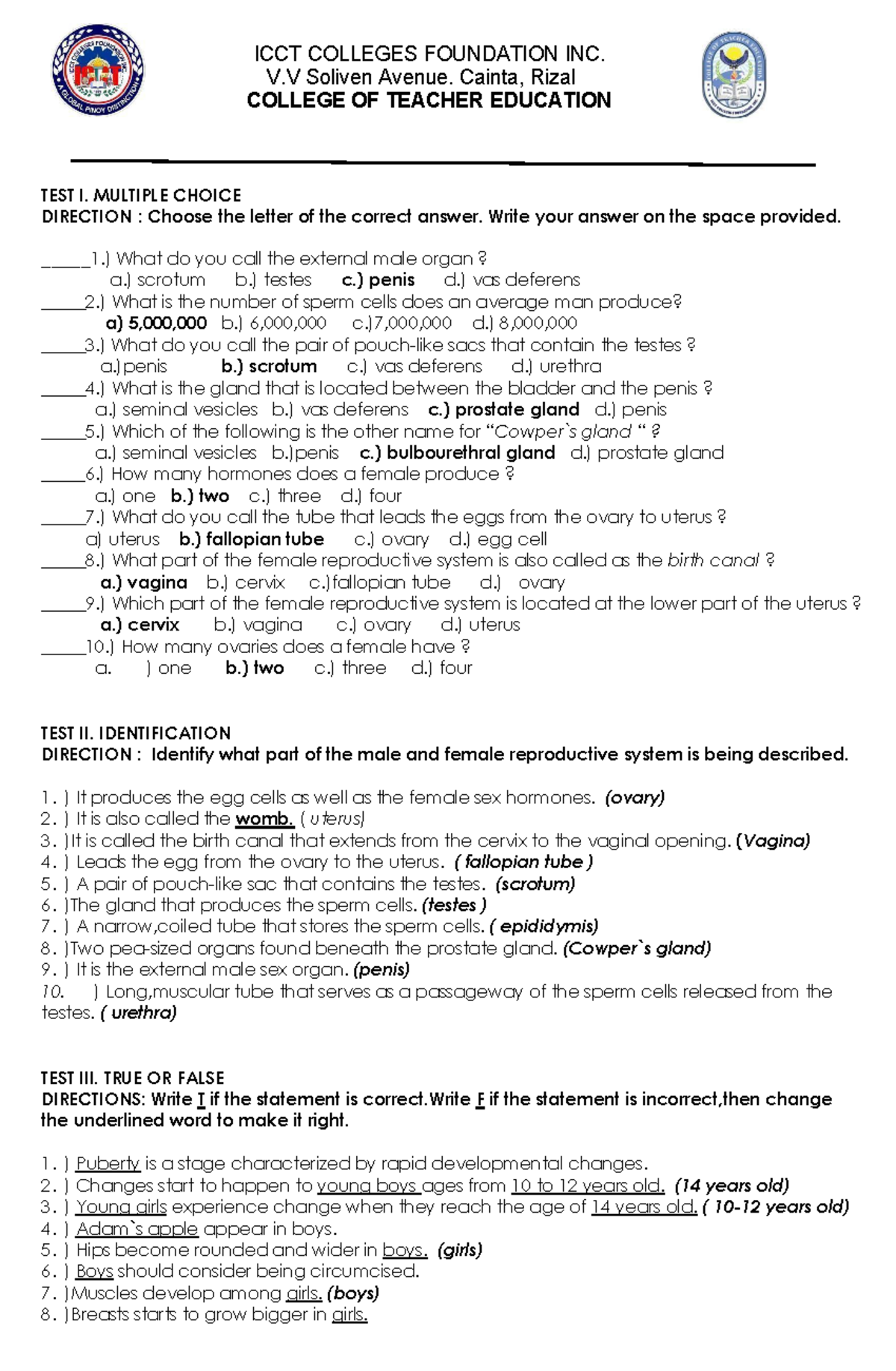 ICCT CTE Final Exam Prep: Reproductive System Questionnaire - Studocu